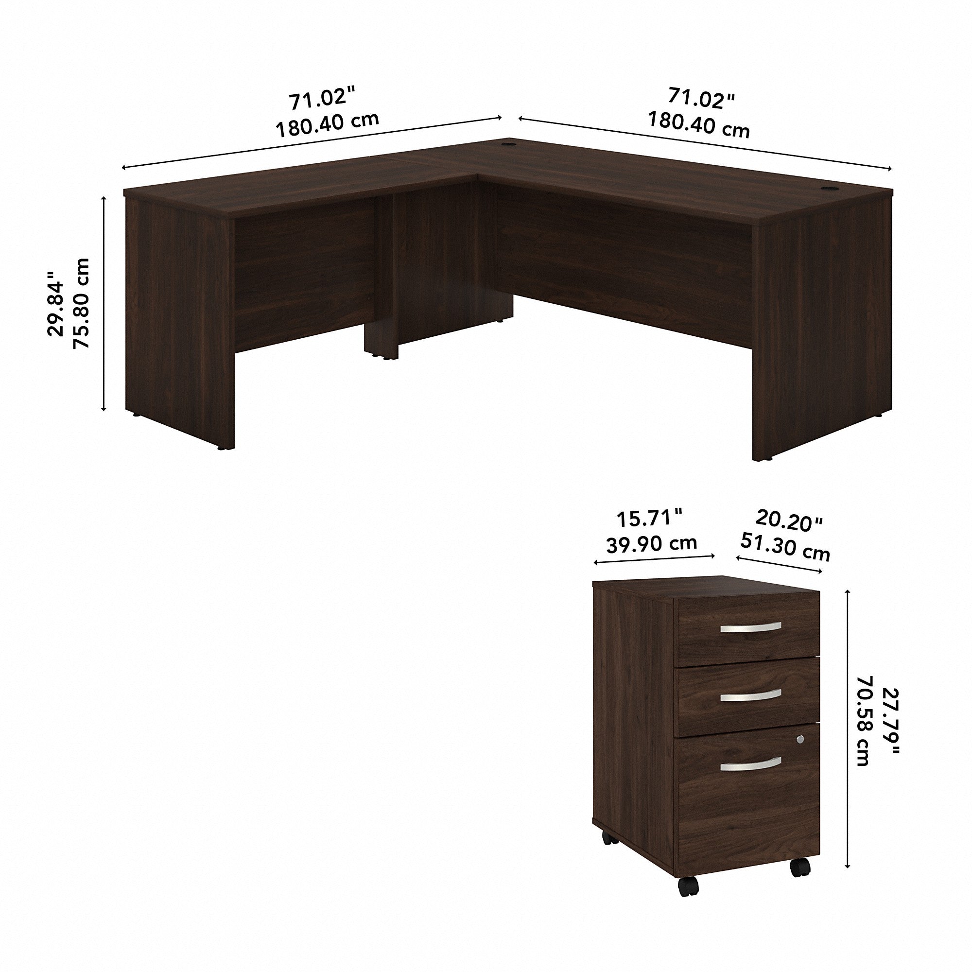 Bush Business Furniture Studio C 72W x 30D L Shaped Desk with Mobile File Cabinet and 42W Return