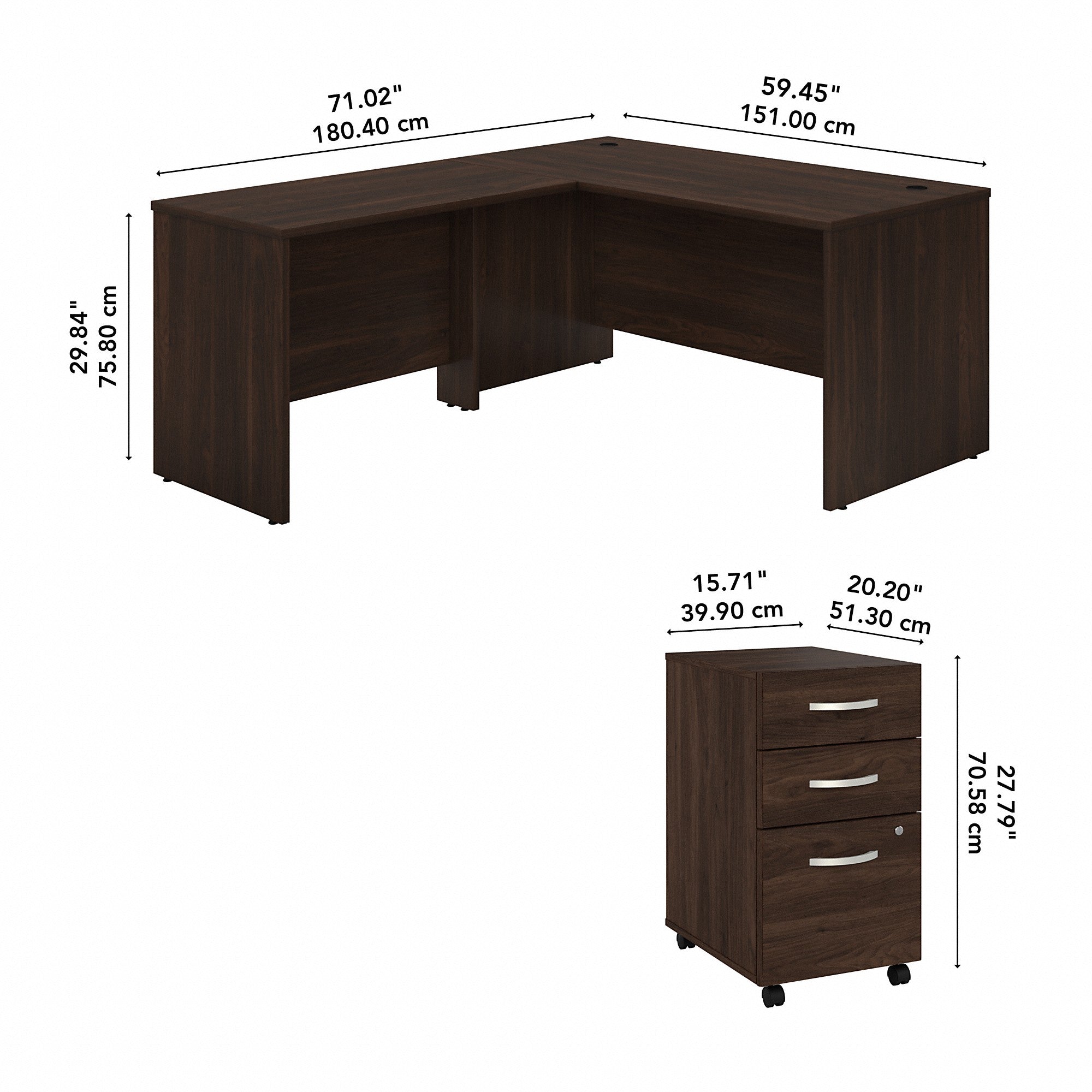 Bush Business Furniture Studio C 60W x 30D L Shaped Desk with Mobile File Cabinet and 42W Return