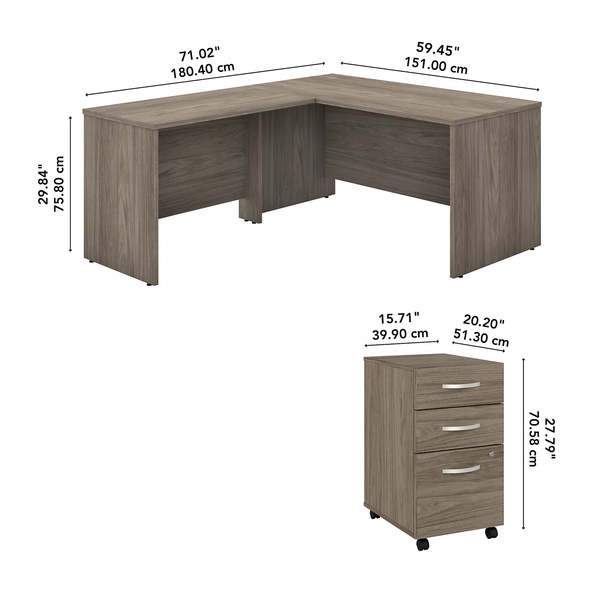 Bush Business Furniture Studio C 60W x 30D L Shaped Desk with Mobile File Cabinet and 42W Return