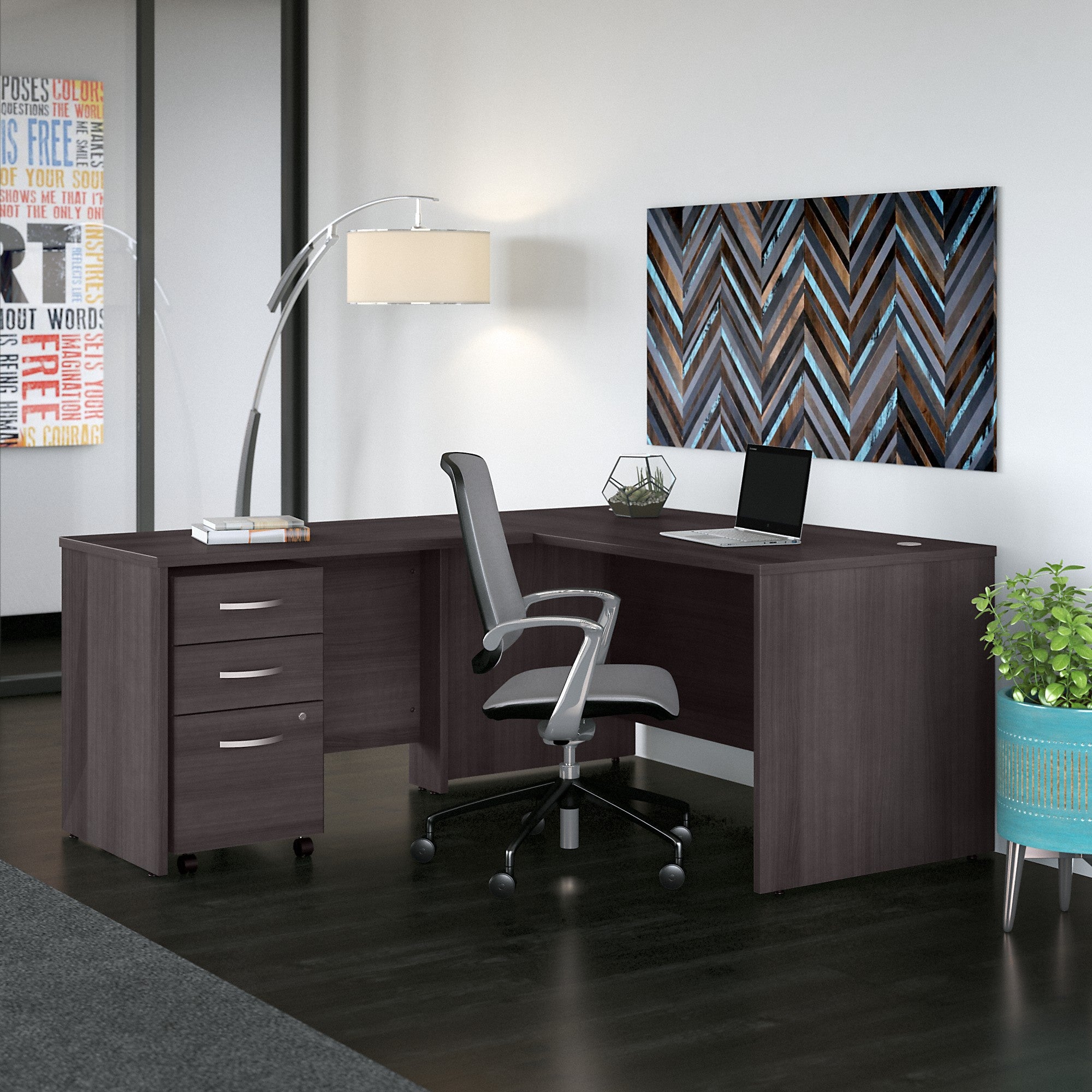 Bush Business Furniture Studio C 60W x 30D L Shaped Desk with Mobile File Cabinet and 42W Return