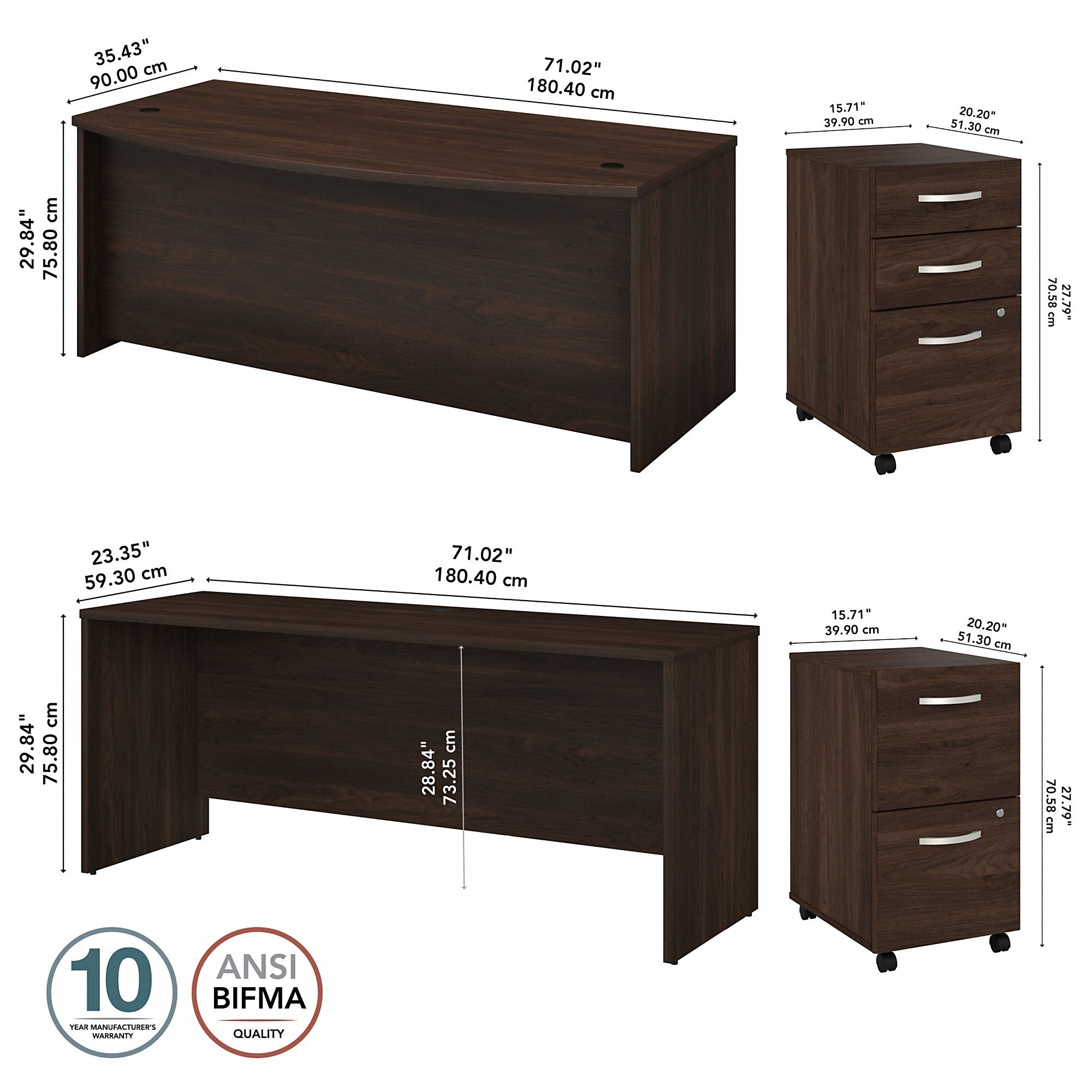 Bush Business Furniture Studio C 72W x 36D Bow Front Desk and Credenza with Mobile File Cabinets