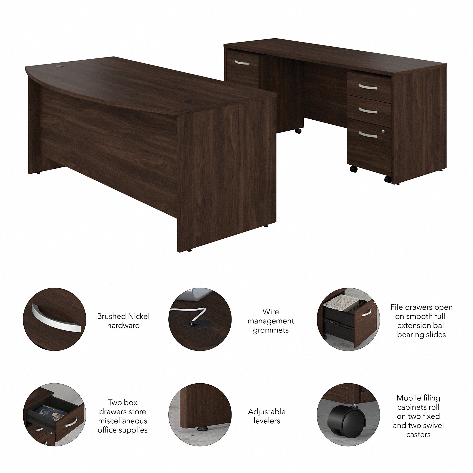 Bush Business Furniture Studio C 72W x 36D Bow Front Desk and Credenza with Mobile File Cabinets