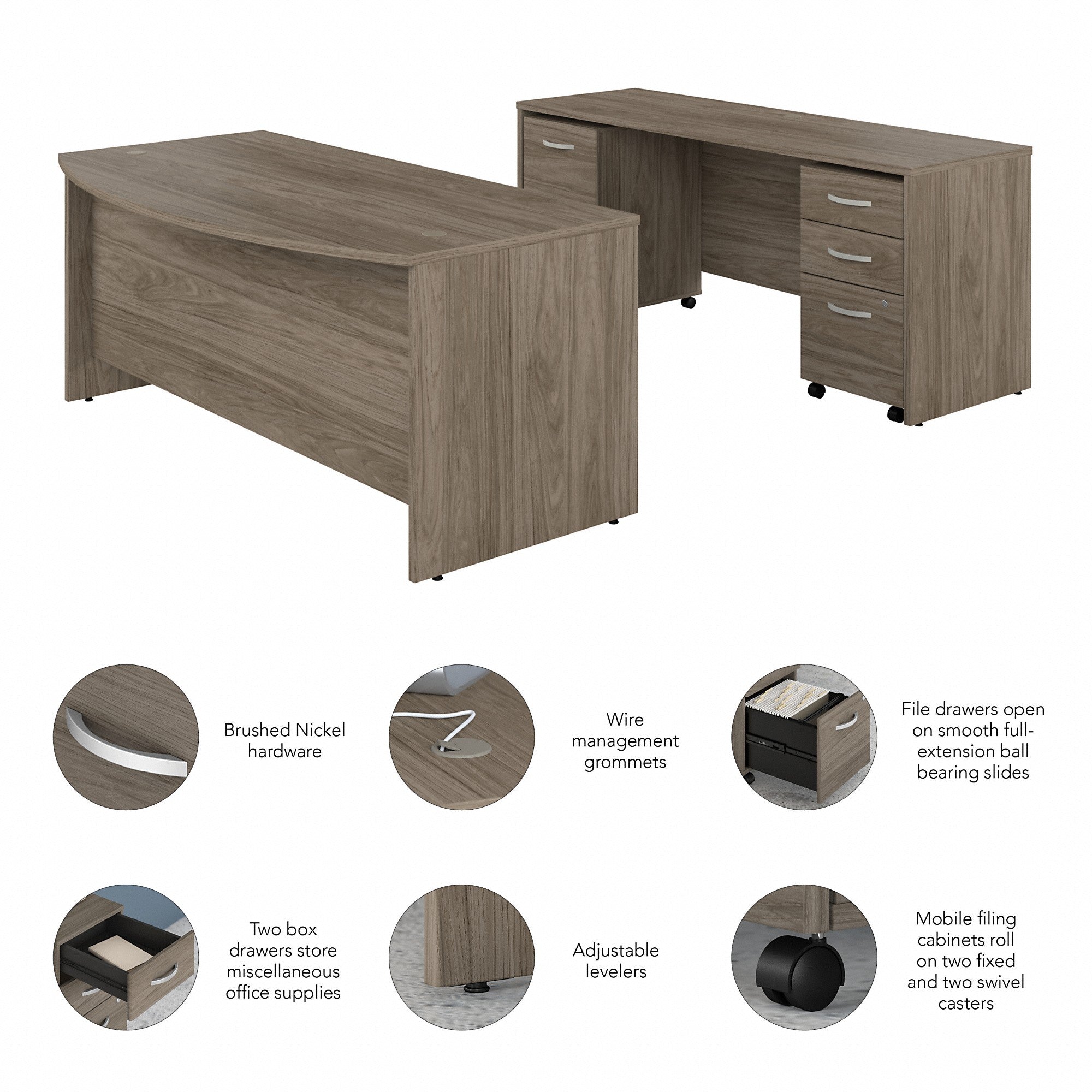 Bush Business Furniture Studio C 72W x 36D Bow Front Desk and Credenza with Mobile File Cabinets