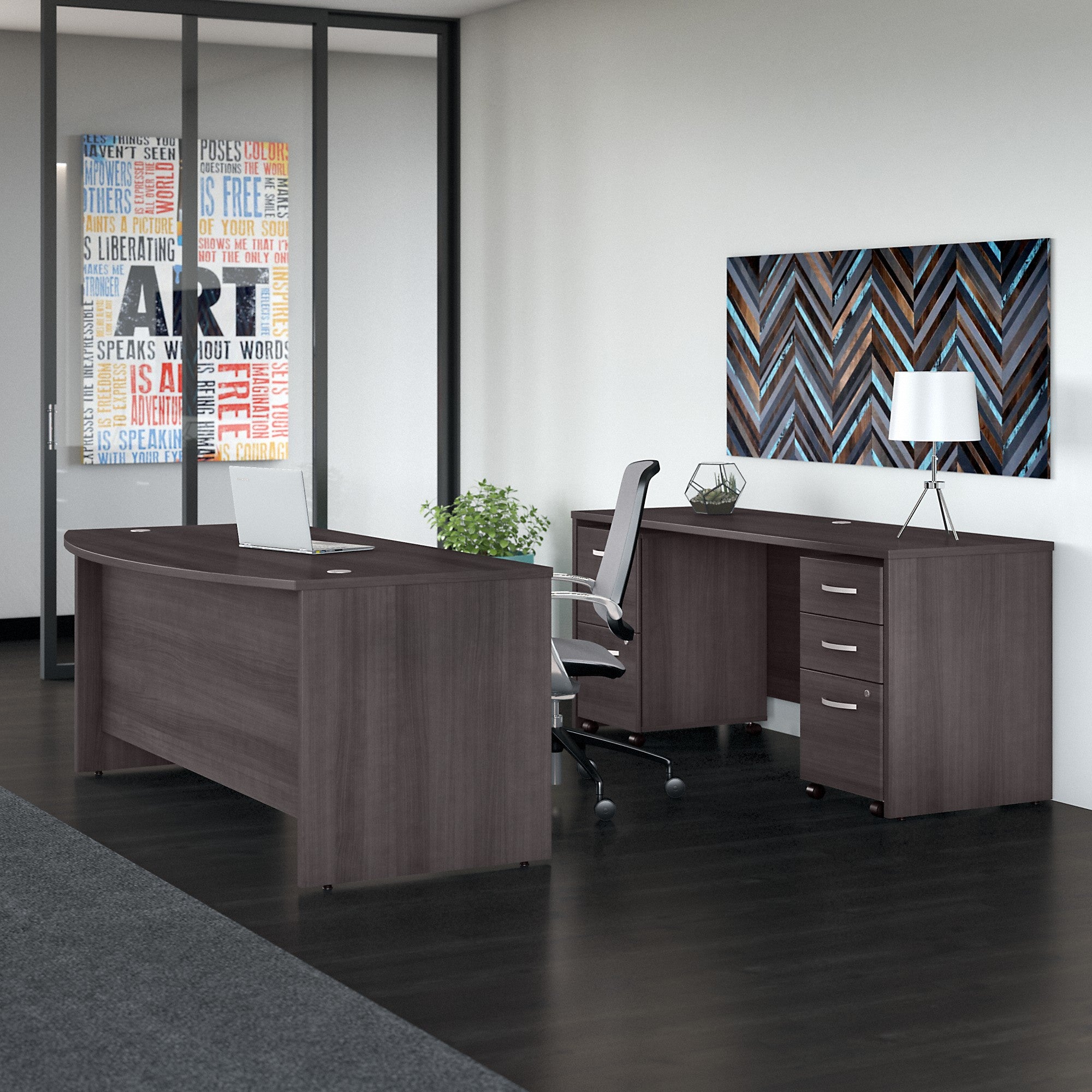 Bush Business Furniture Studio C 72W x 36D Bow Front Desk and Credenza with Mobile File Cabinets