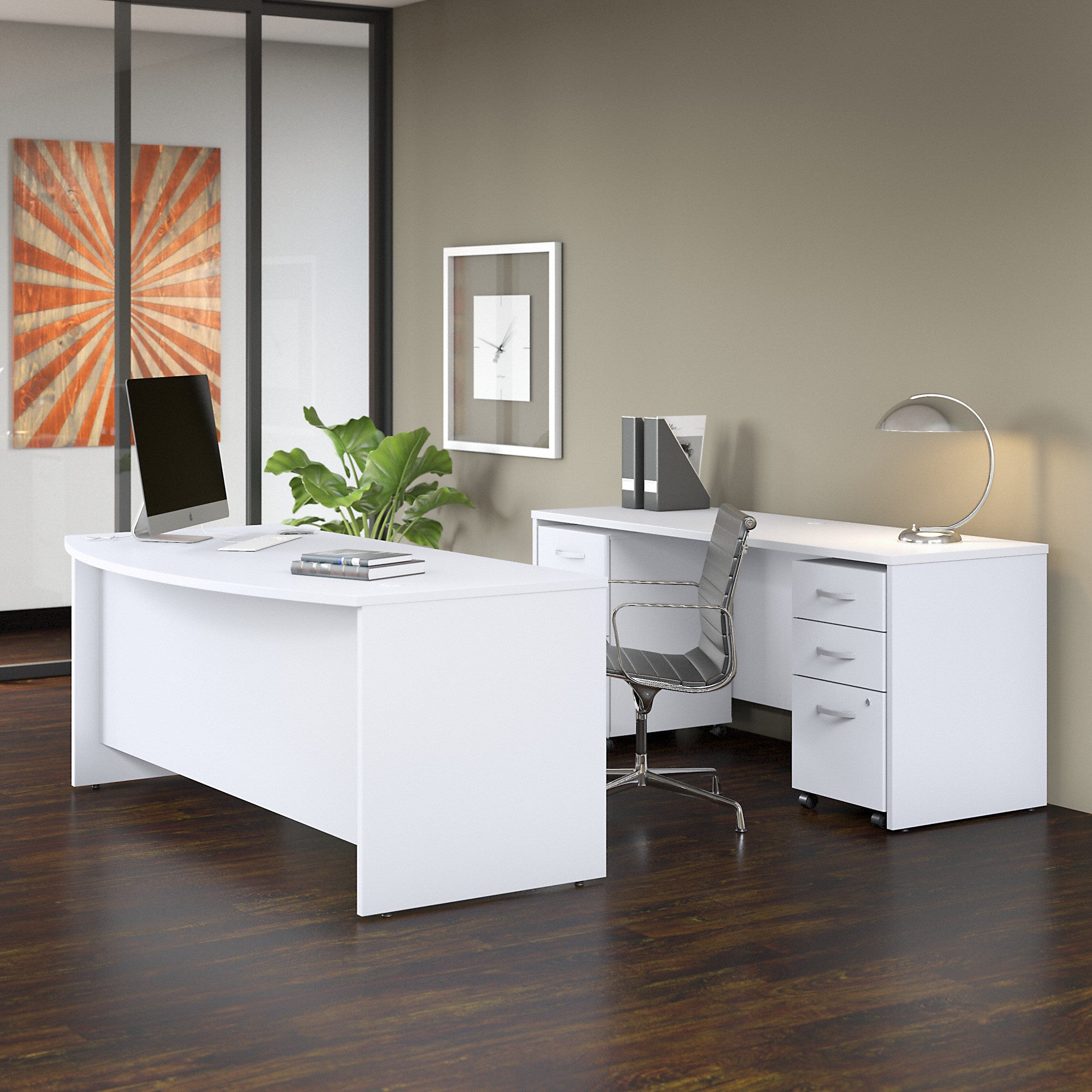 Bush Business Furniture Studio C 72W x 36D Bow Front Desk and Credenza with Mobile File Cabinets