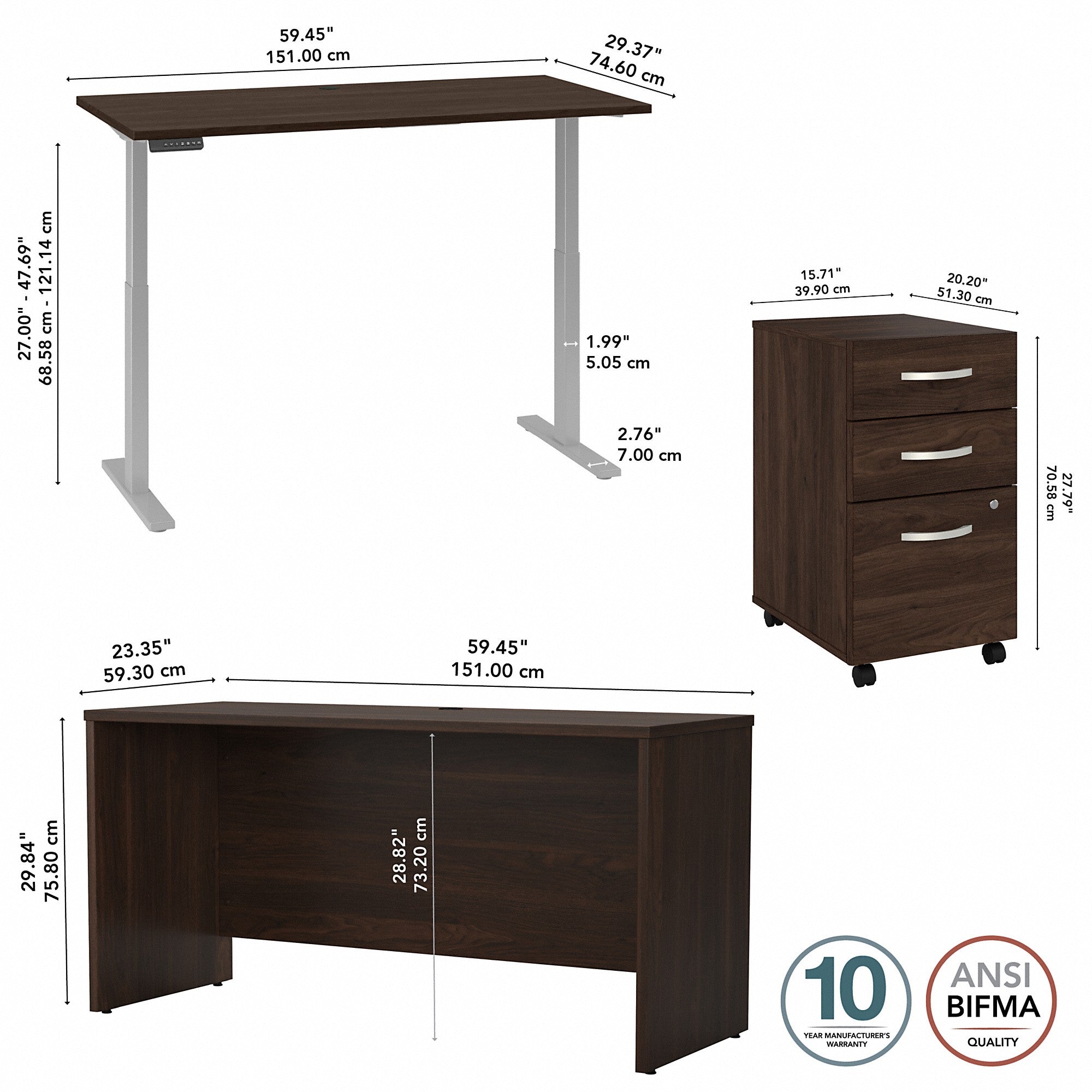 Bush Business Furniture Studio C 60W Height Adjustable Standing Desk with Credenza and File Cabinet