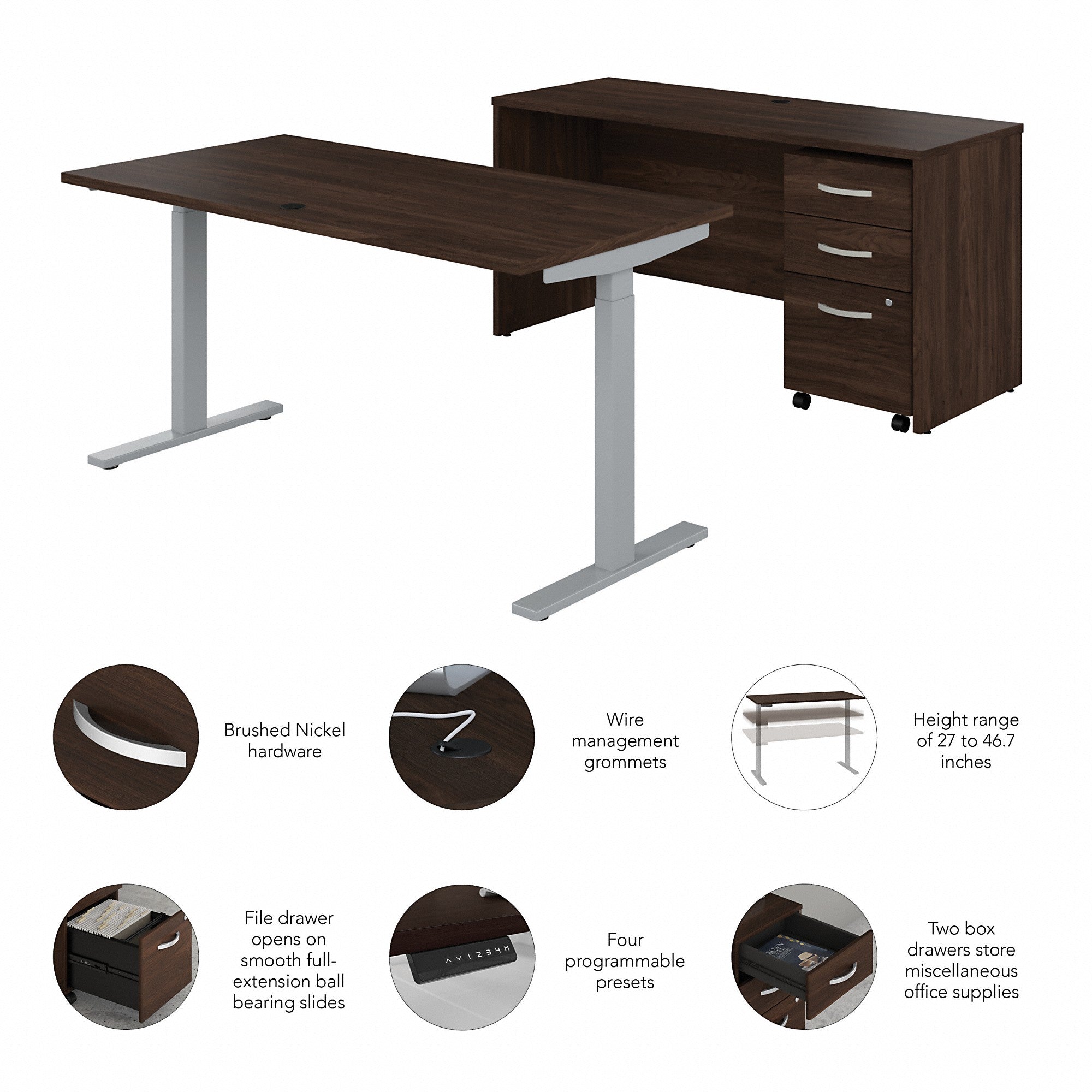 Bush Business Furniture Studio C 60W Height Adjustable Standing Desk with Credenza and File Cabinet