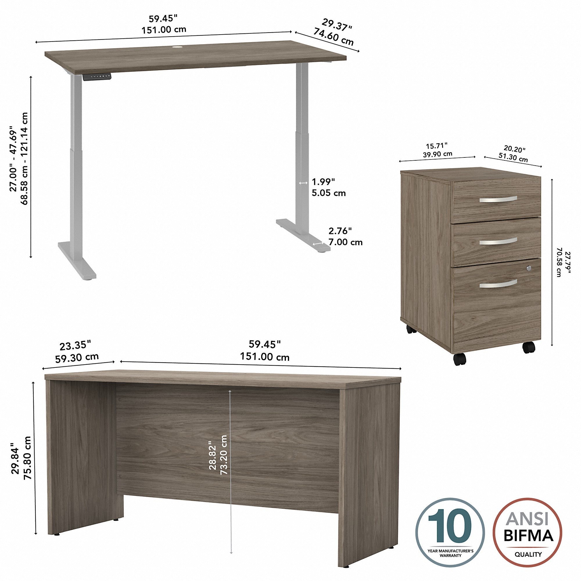 Bush Business Furniture Studio C 60W Height Adjustable Standing Desk with Credenza and File Cabinet