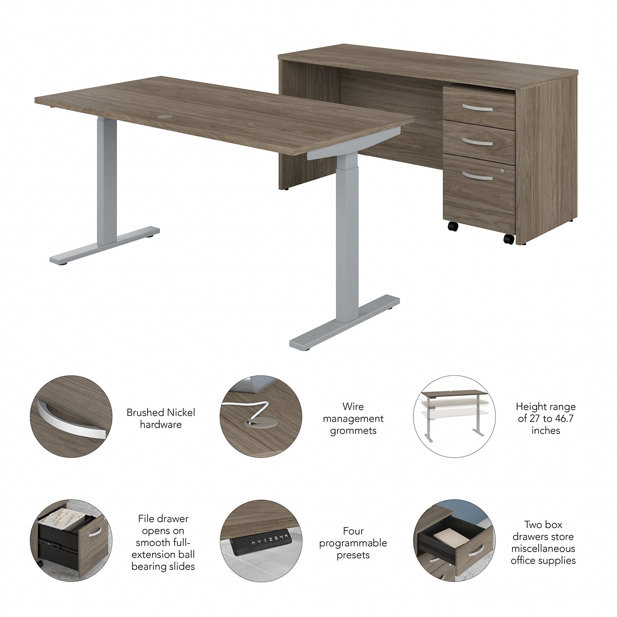 Bush Business Furniture Studio C 60W Height Adjustable Standing Desk with Credenza and File Cabinet