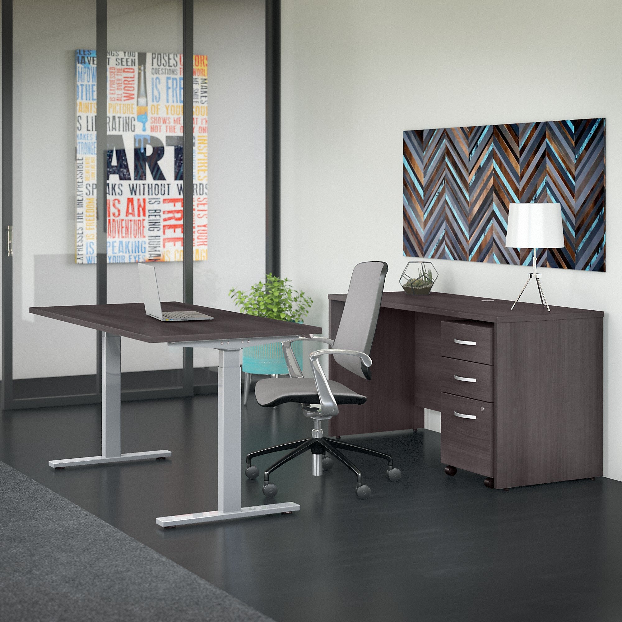 Bush Business Furniture Studio C 60W x 30D Height Adjustable Standing Desk, Credenza and Mobile File Cabinet