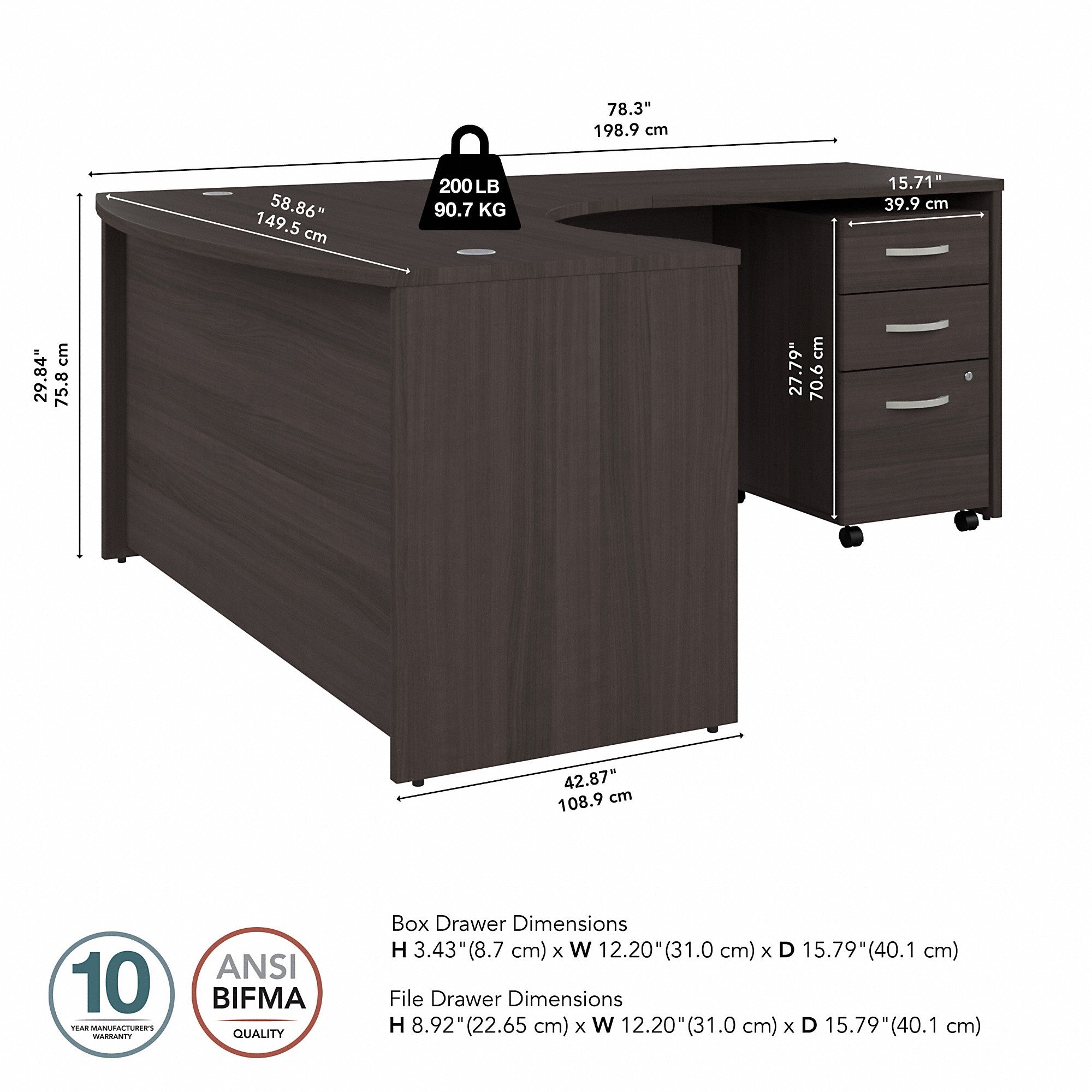 Bush Business Furniture Studio C 60W x 43D Right Hand L-Bow Desk with 3 Drawer Mobile File Cabinet