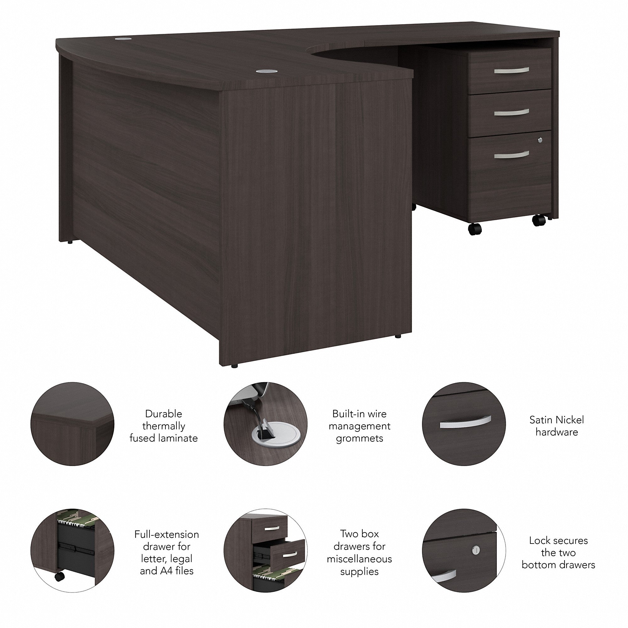 Bush Business Furniture Studio C 60W x 43D Right Hand L-Bow Desk with 3 Drawer Mobile File Cabinet