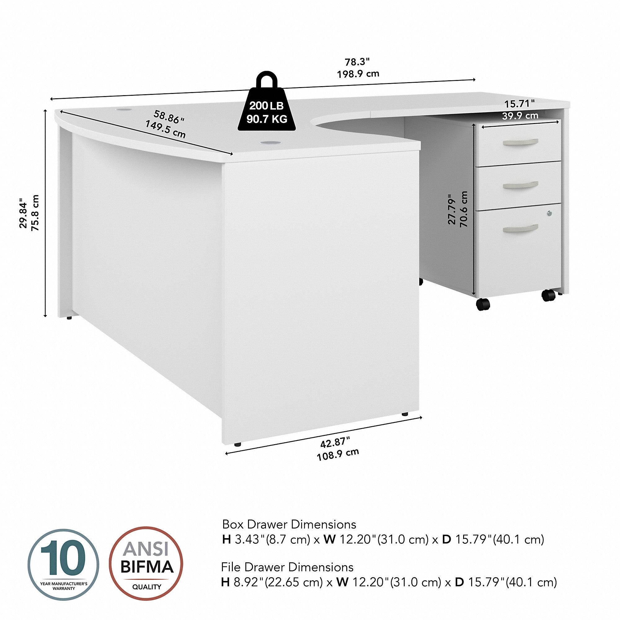 Bush Business Furniture Studio C 60W x 43D Right Hand L-Bow Desk with 3 Drawer Mobile File Cabinet