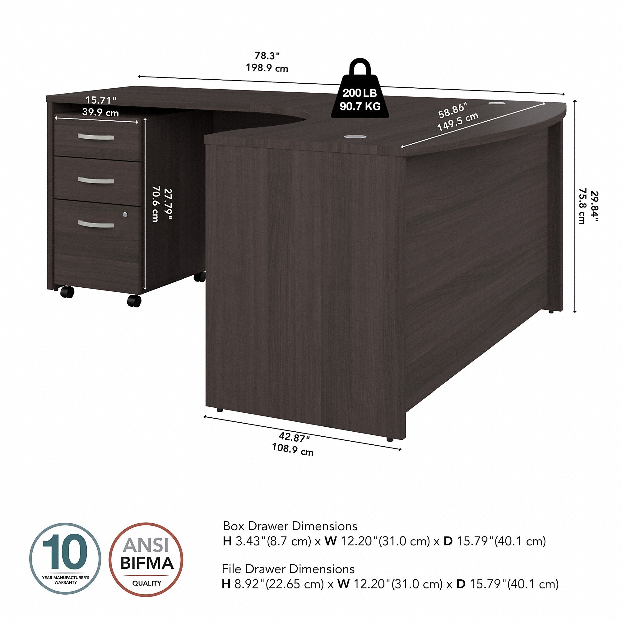 Bush Business Furniture Studio C 60W x 43D Left Hand L-Bow Desk with 3 Drawer Mobile File Cabinet