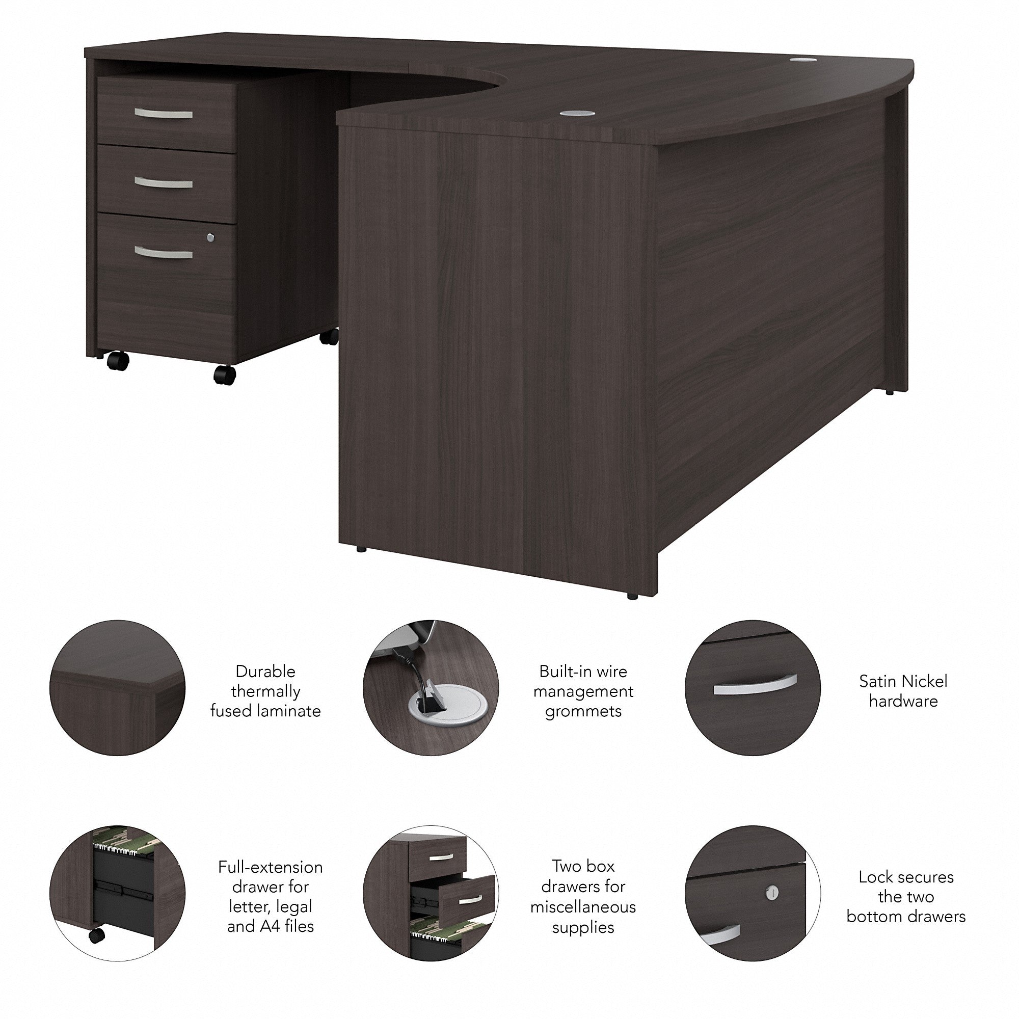 Bush Business Furniture Studio C 60W x 43D Left Hand L-Bow Desk with 3 Drawer Mobile File Cabinet