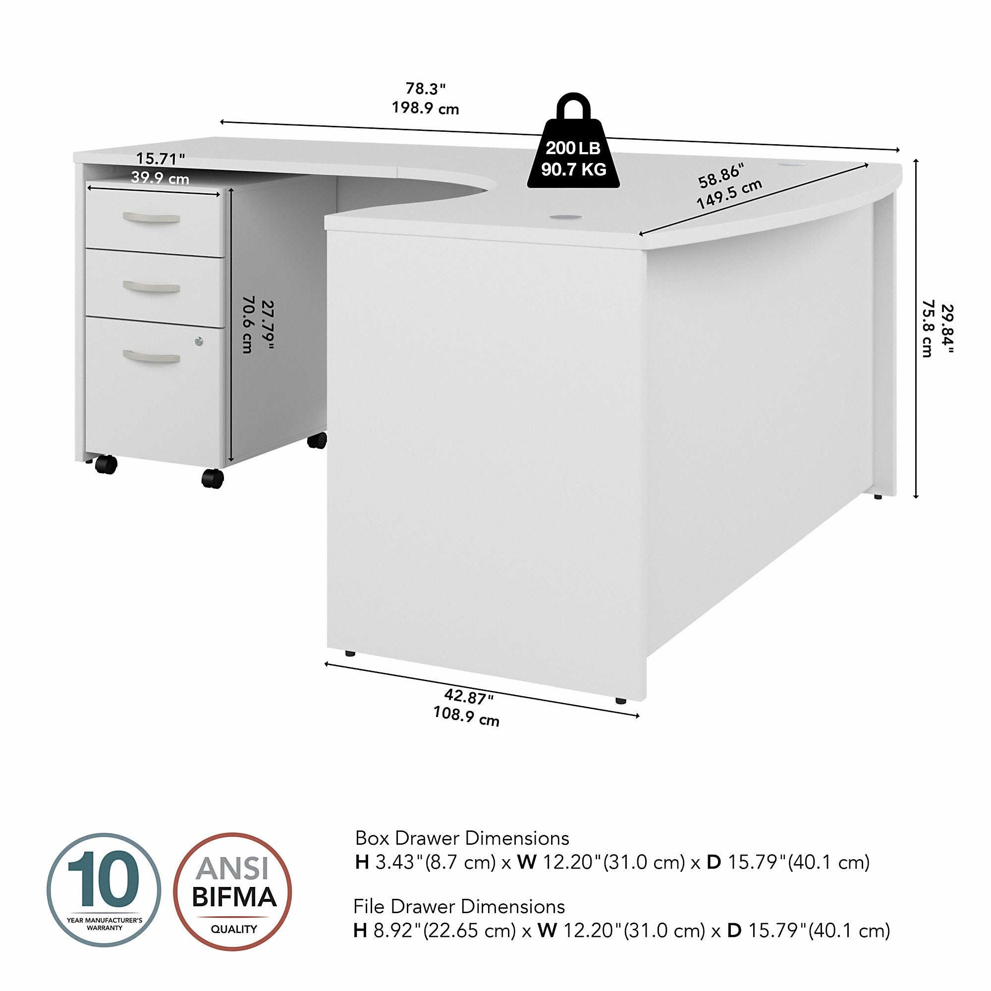 Bush Business Furniture Studio C 60W x 43D Left Hand L-Bow Desk with 3 Drawer Mobile File Cabinet