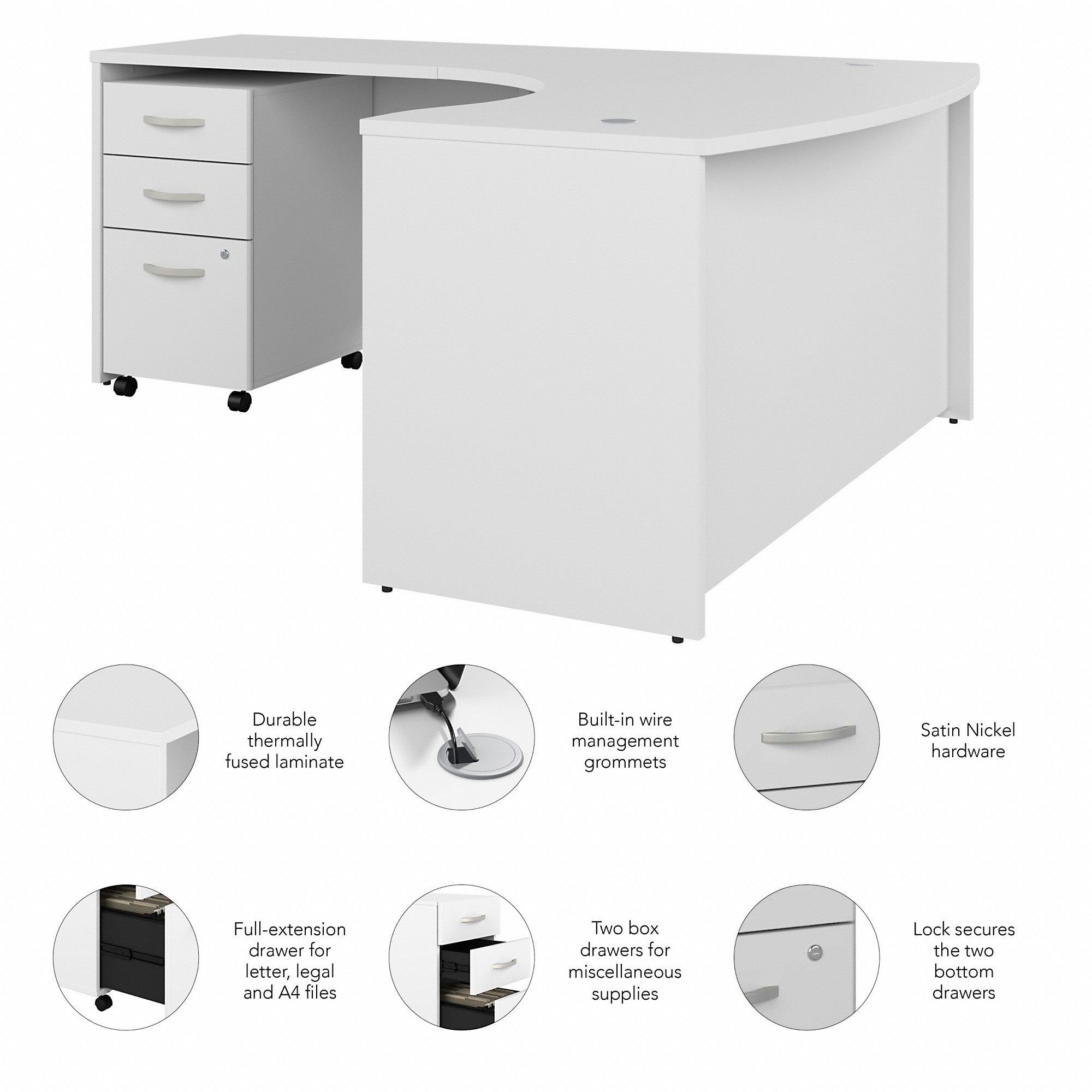 Bush Business Furniture Studio C 60W x 43D Left Hand L-Bow Desk with 3 Drawer Mobile File Cabinet