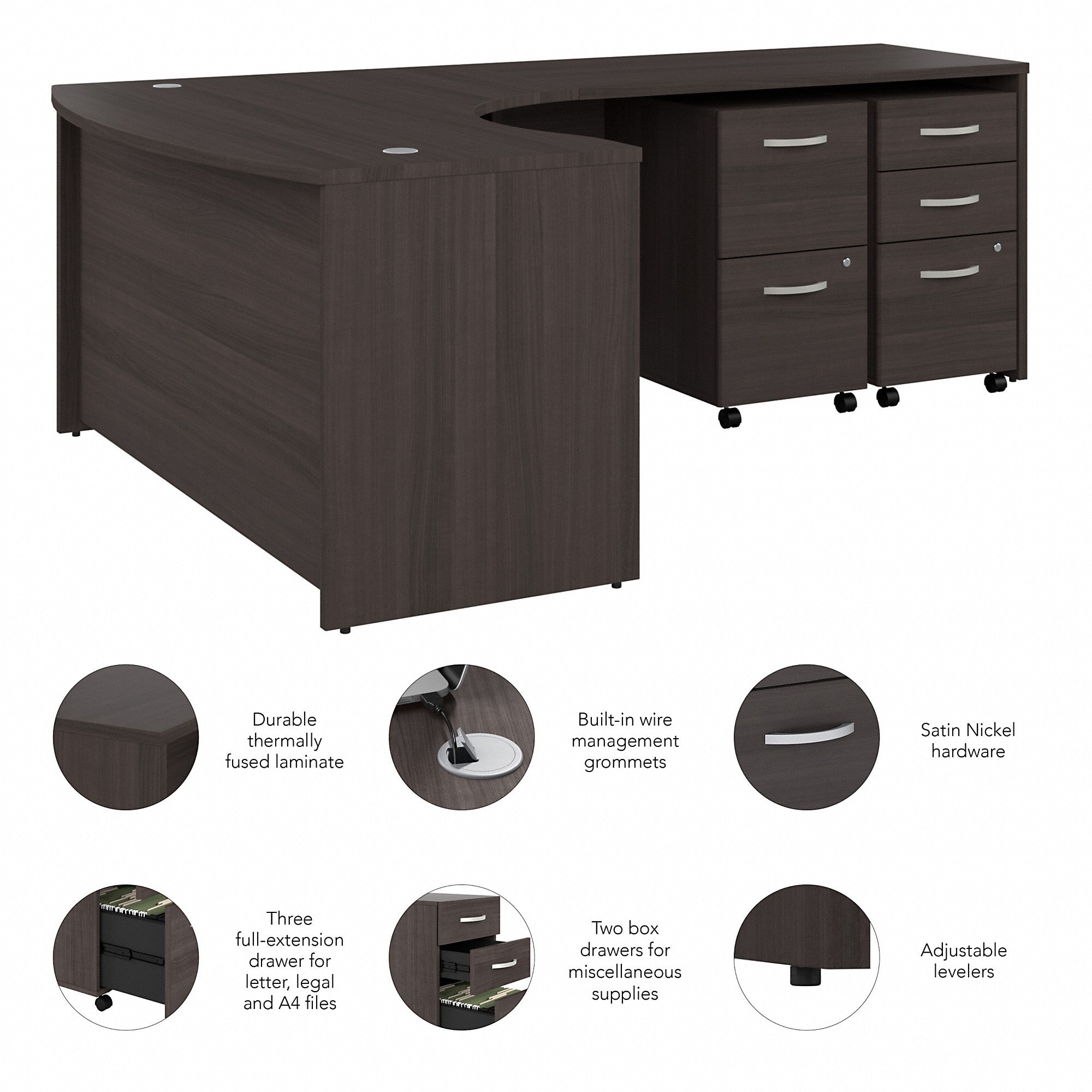 Bush Business Furniture Studio C 60W x 43D Right Hand L-Bow Desk with Mobile File Cabinets