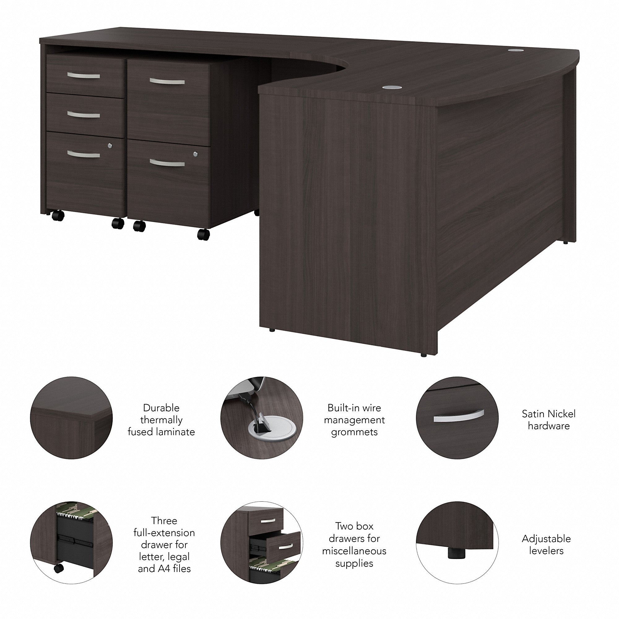 Bush Business Furniture Studio C 60W x 43D Left Hand L-Bow Desk with Mobile File Cabinets