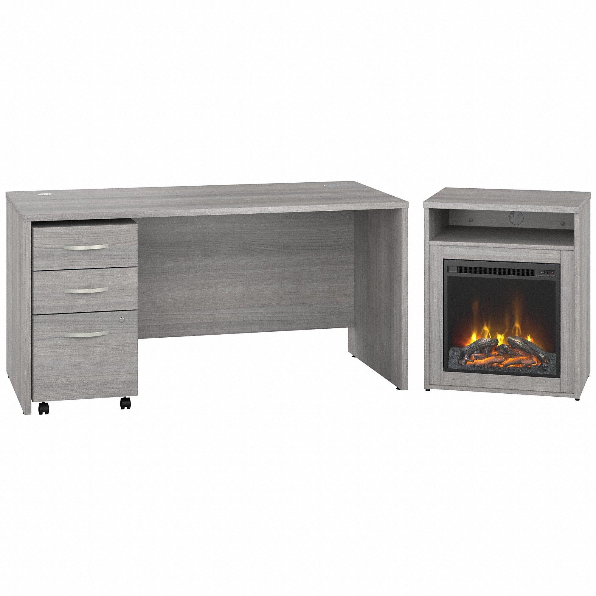 Bush Business Furniture Studio C 60W x 30D Desk with 3 Drawer Mobile File Cabinet and 24W Electric Fireplace with Shelf