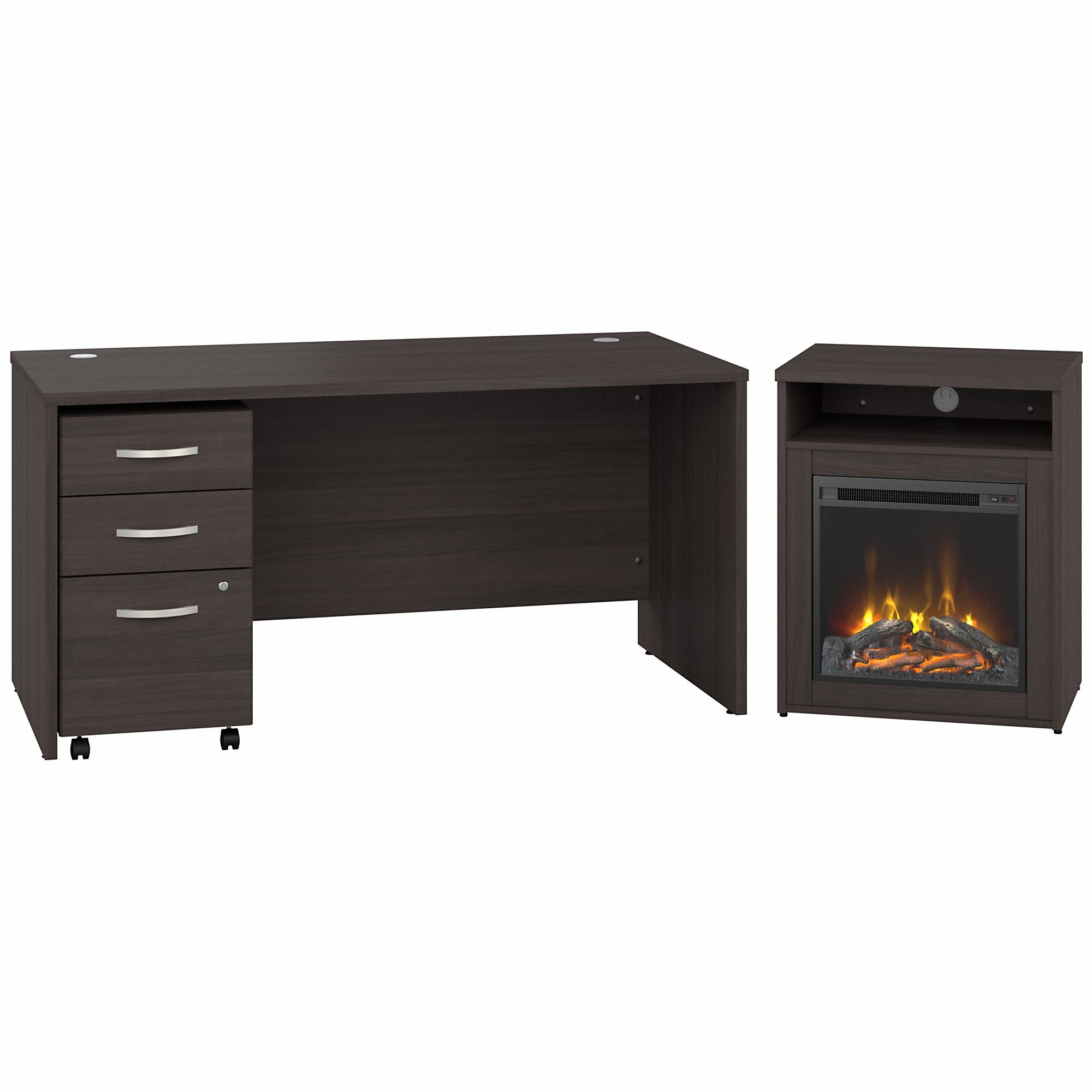 Bush Business Furniture Studio C 60W x 30D Desk with 3 Drawer Mobile File Cabinet and 24W Electric Fireplace with Shelf