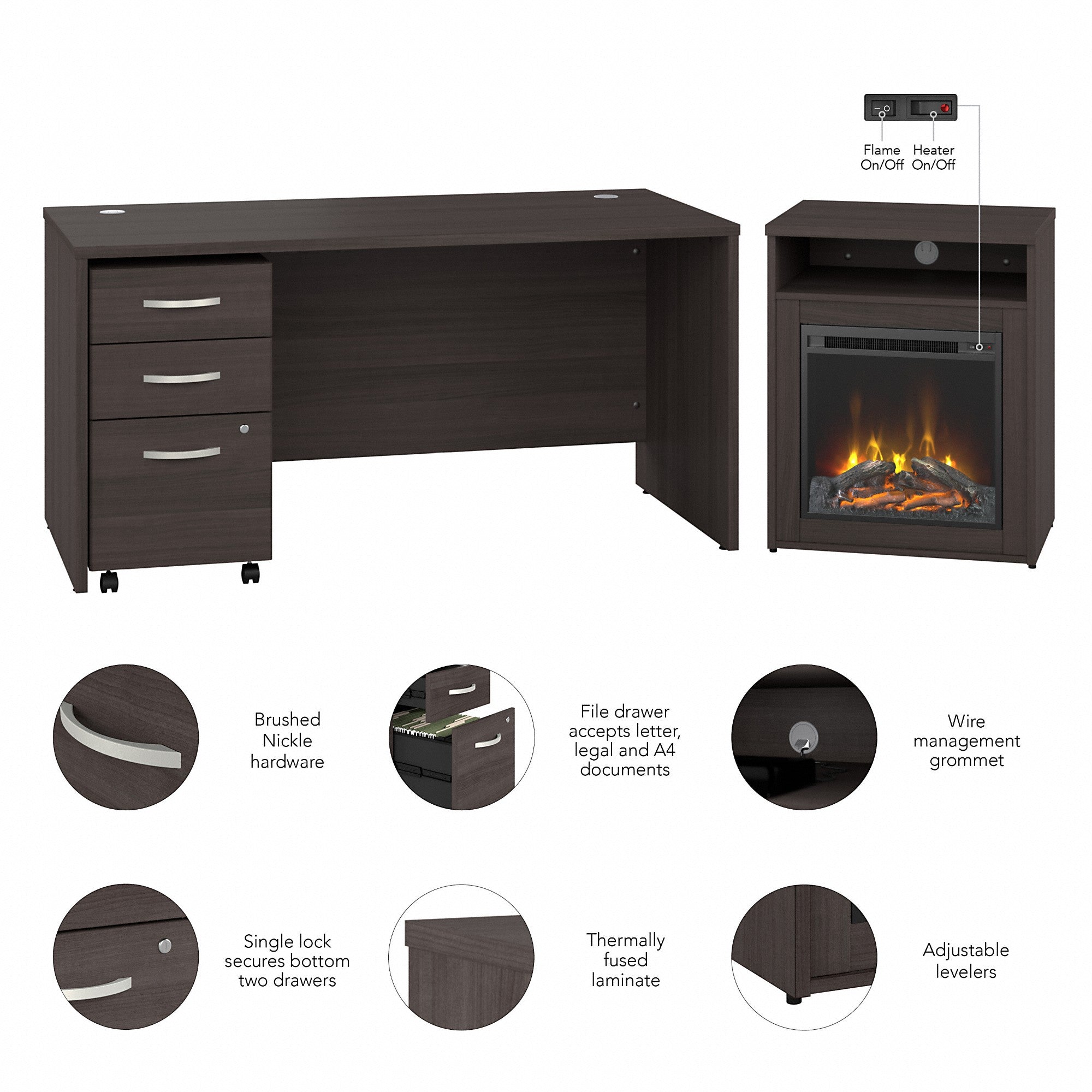 Bush Business Furniture Studio C 60W x 30D Desk with 3 Drawer Mobile File Cabinet and 24W Electric Fireplace with Shelf