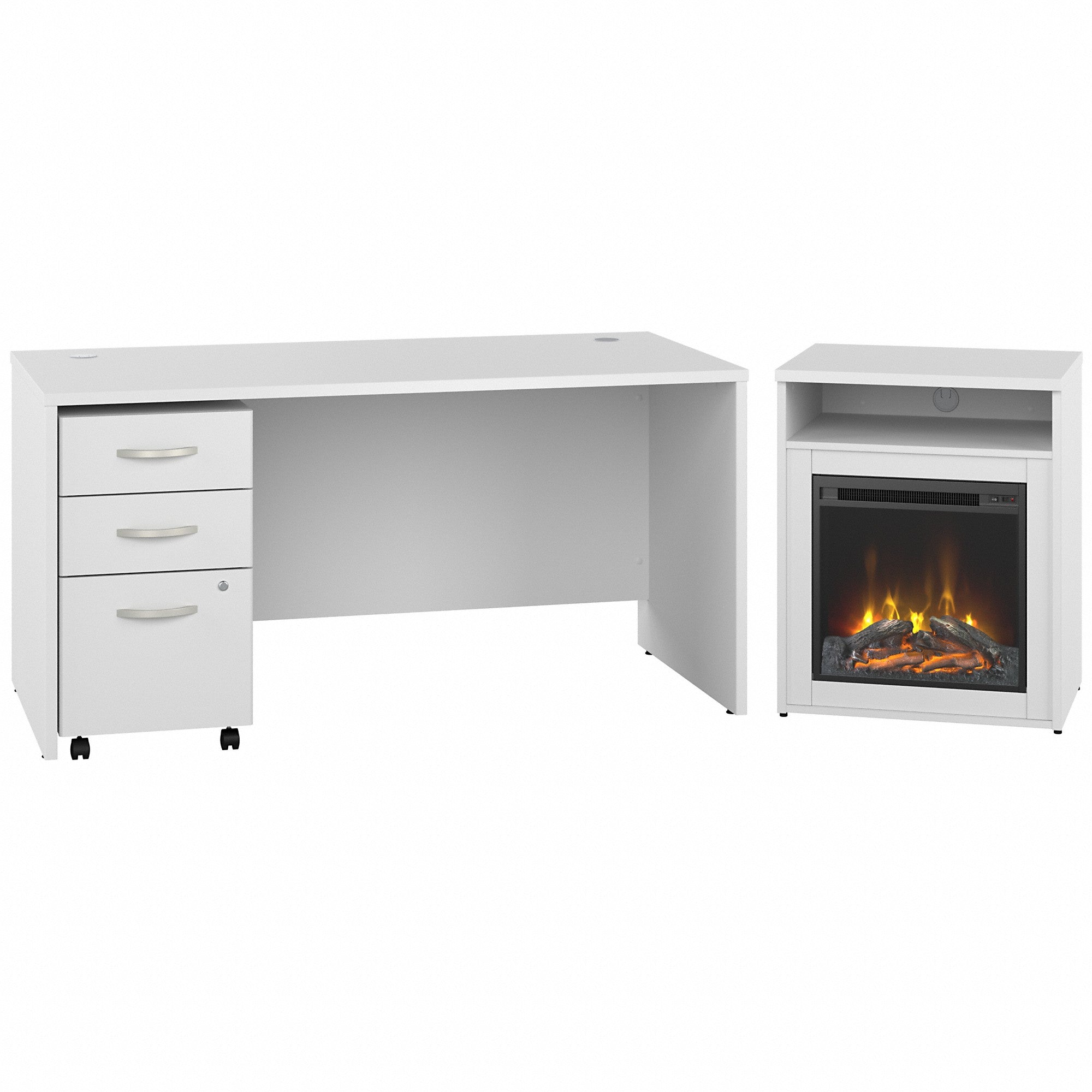 Bush Business Furniture Studio C 60W x 30D Desk with 3 Drawer Mobile File Cabinet and 24W Electric Fireplace with Shelf