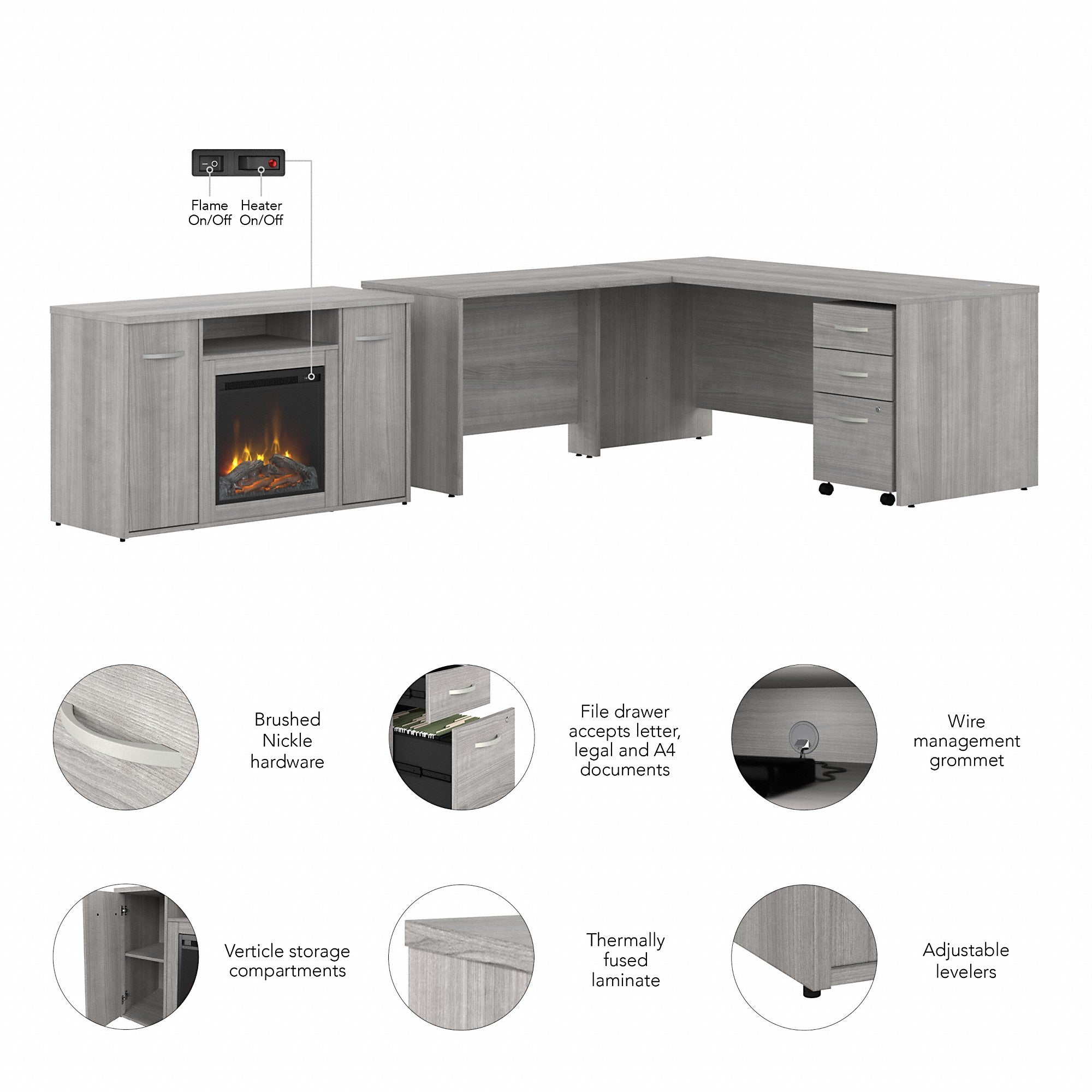 Bush Business Furniture Studio C 72W x 30D L Shaped Desk with 3 Drawer Mobile File Cabinet and 48 Electric Fireplace TV Stand