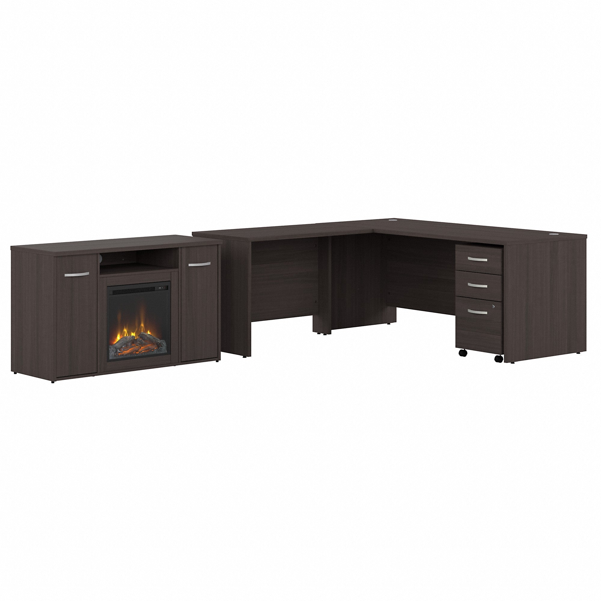 Bush Business Furniture Studio C 72W x 30D L Shaped Desk with 3 Drawer Mobile File Cabinet and 48 Electric Fireplace TV Stand