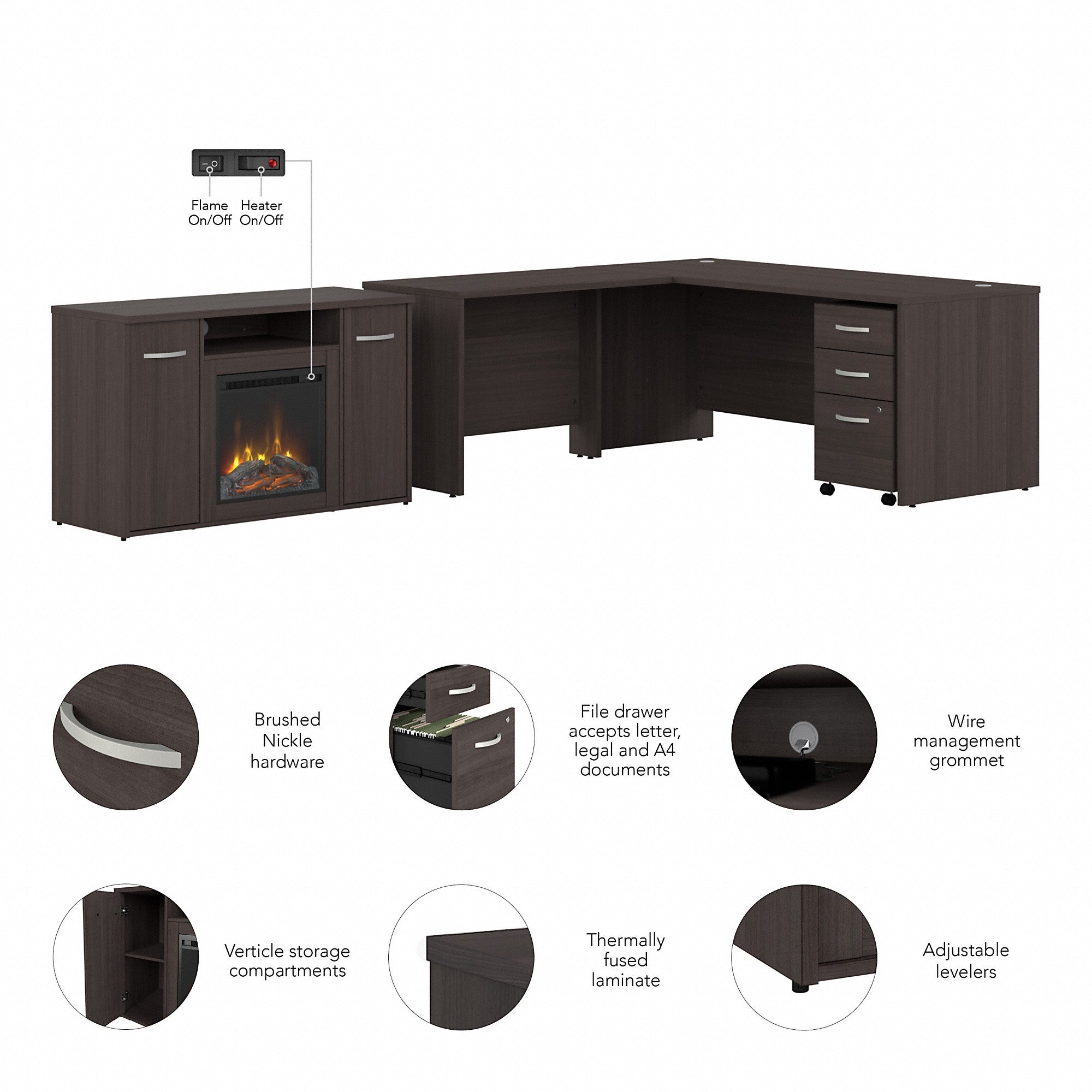 Bush Business Furniture Studio C 72W x 30D L Shaped Desk with 3 Drawer Mobile File Cabinet and 48 Electric Fireplace TV Stand