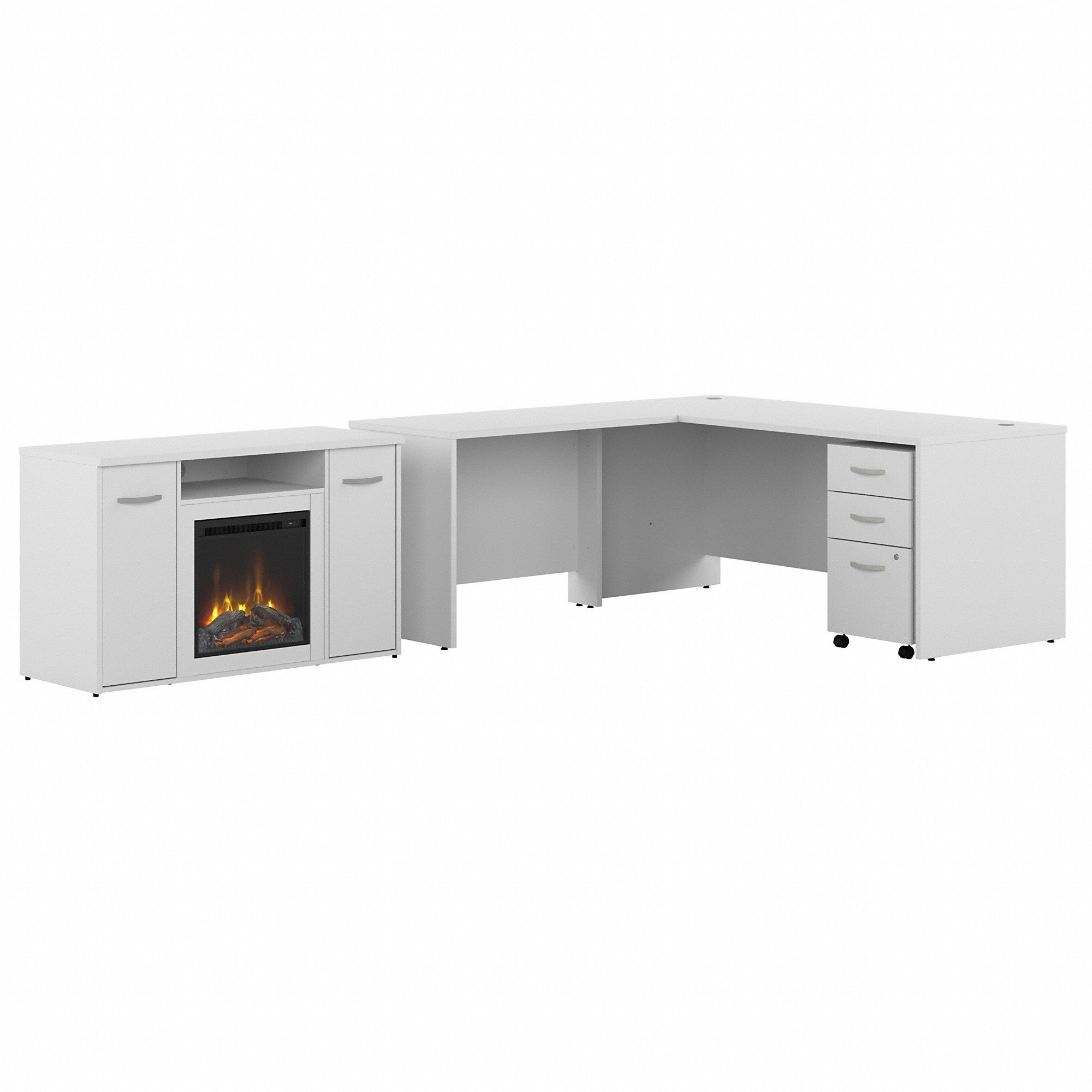 Bush Business Furniture Studio C 72W x 30D L Shaped Desk with 3 Drawer Mobile File Cabinet and 48 Electric Fireplace TV Stand