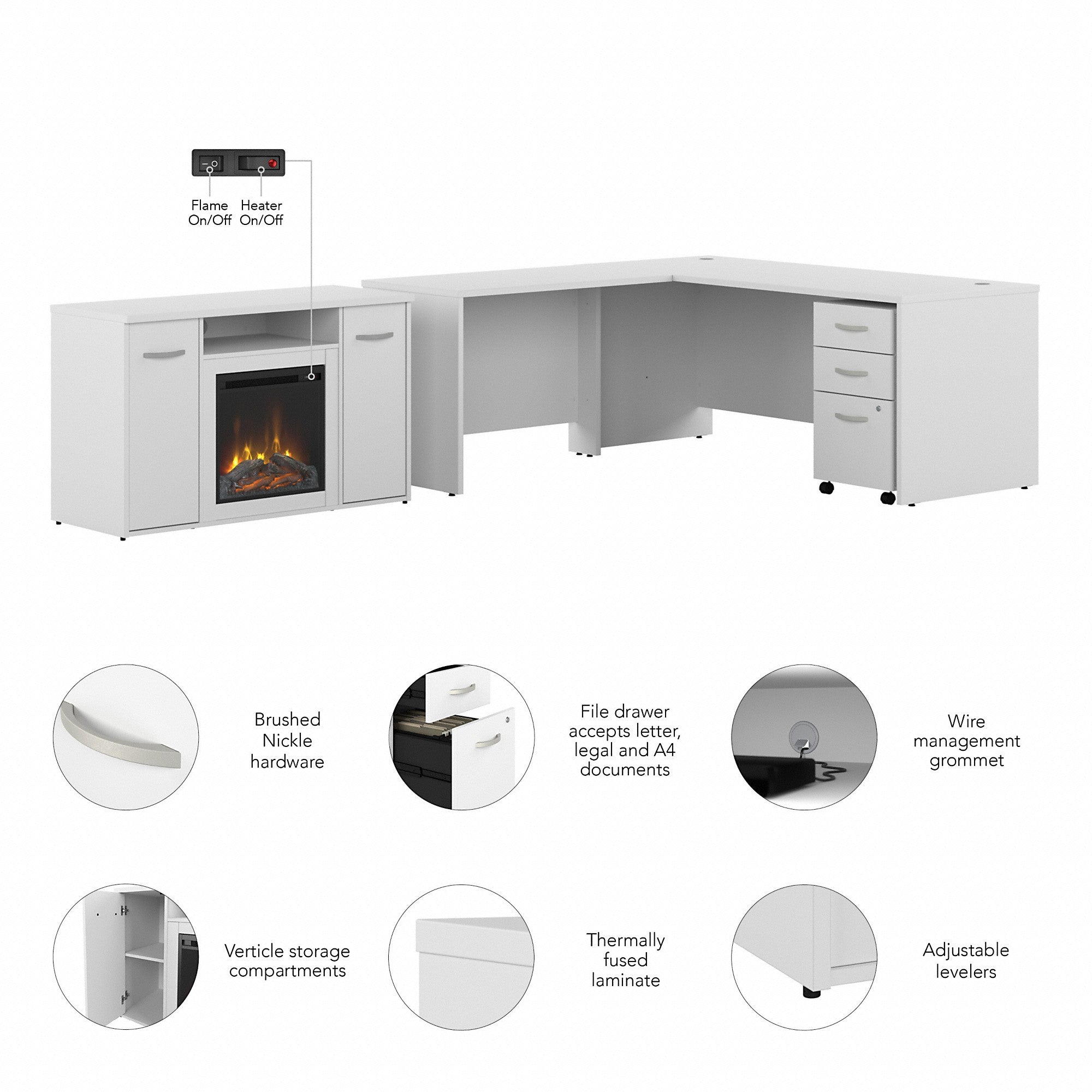 Bush Business Furniture Studio C 72W x 30D L Shaped Desk with 3 Drawer Mobile File Cabinet and 48 Electric Fireplace TV Stand