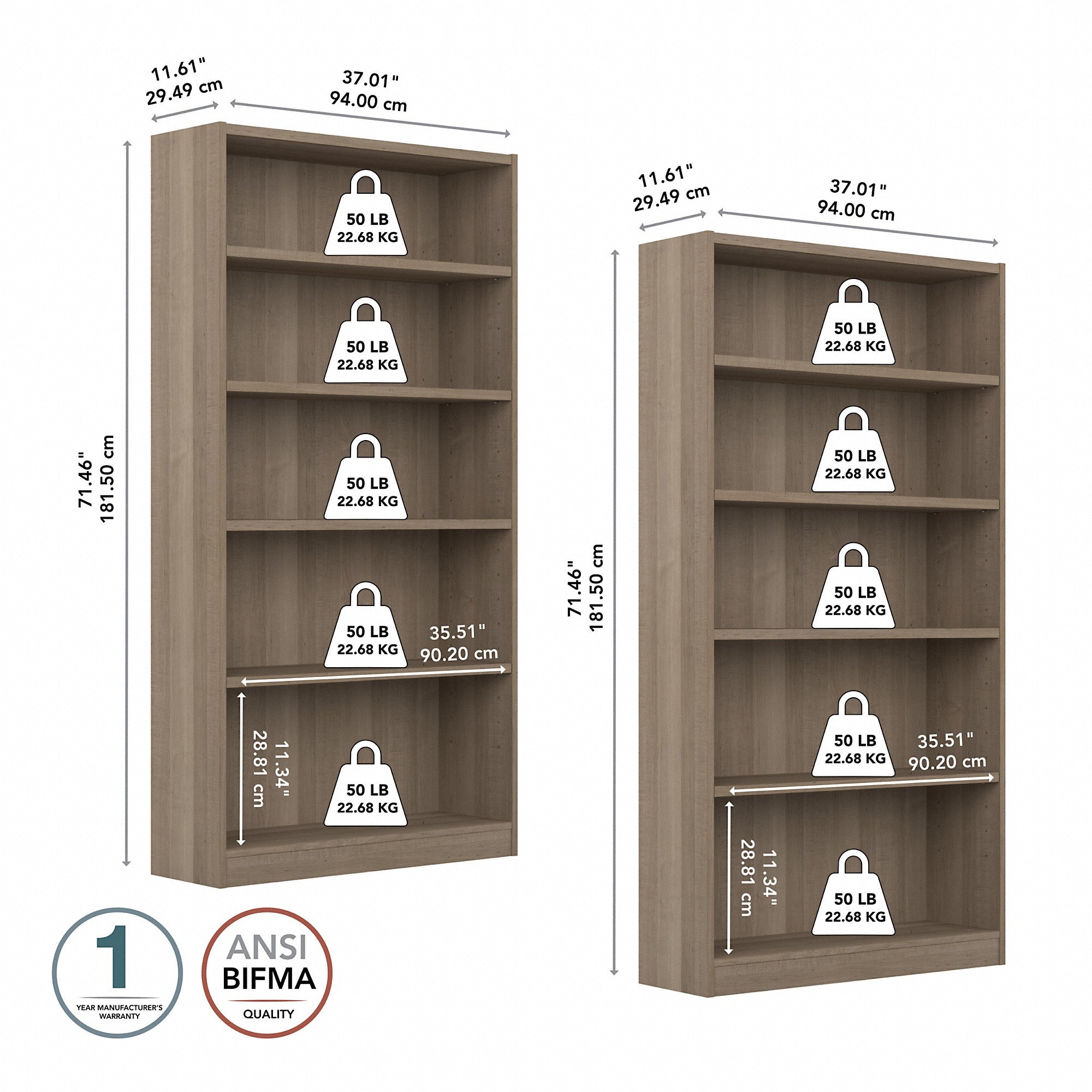 Bush Furniture Universal Tall 5 Shelf Bookcase - Set of 2