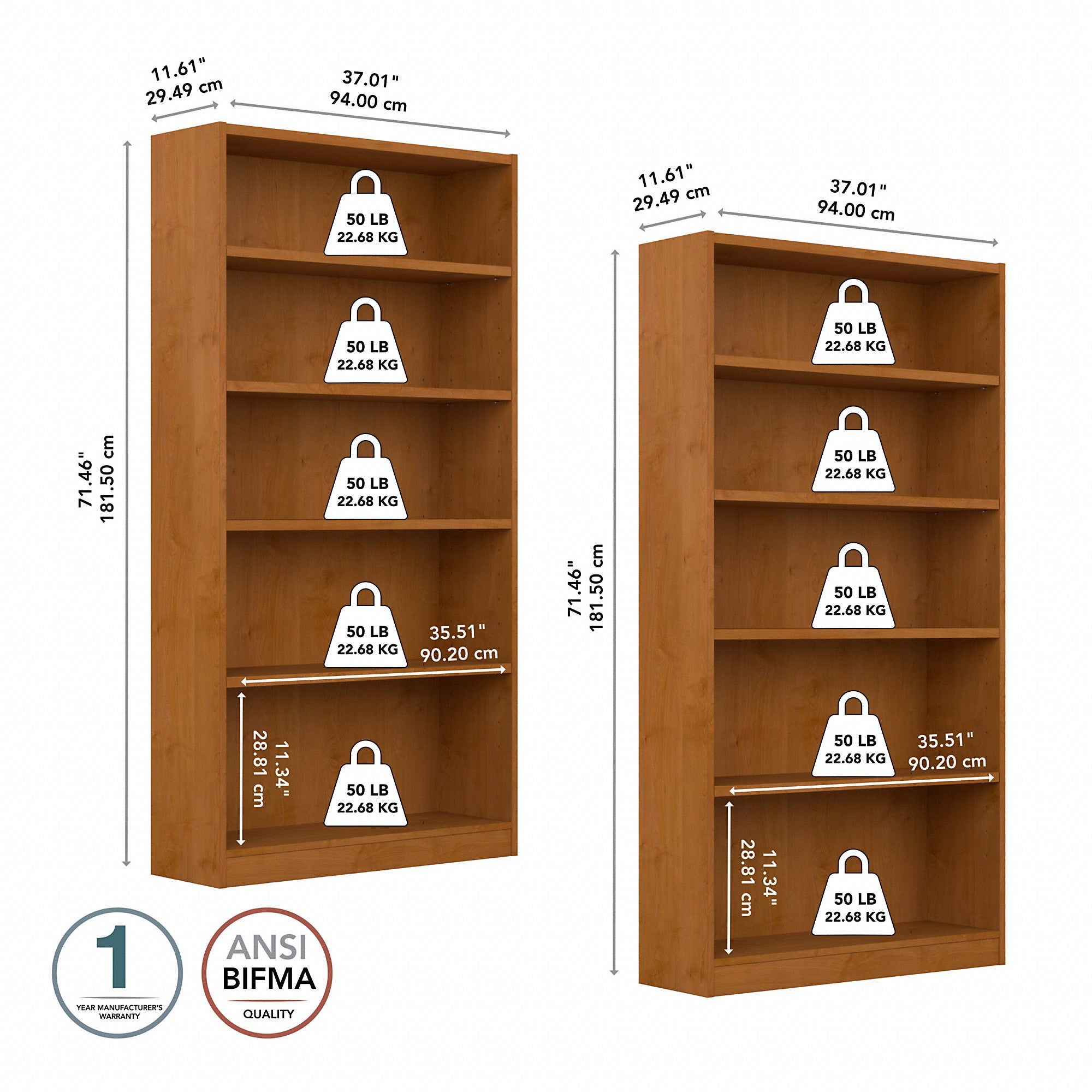 Bush Furniture Universal Tall 5 Shelf Bookcase - Set of 2