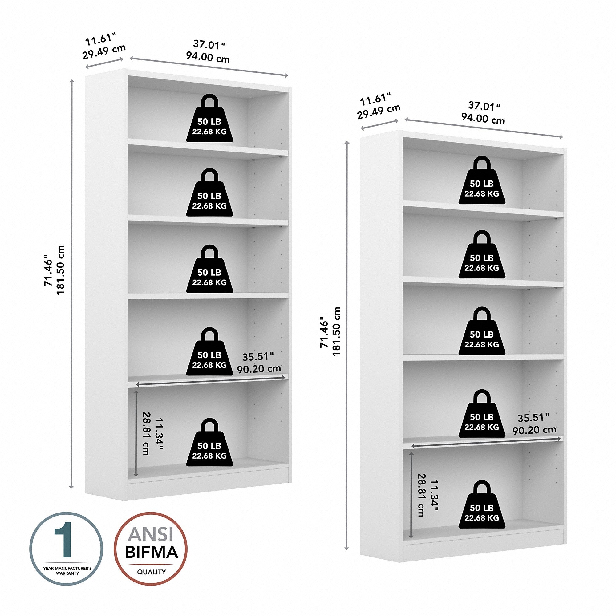 Bush Furniture Universal Tall 5 Shelf Bookcase - Set of 2