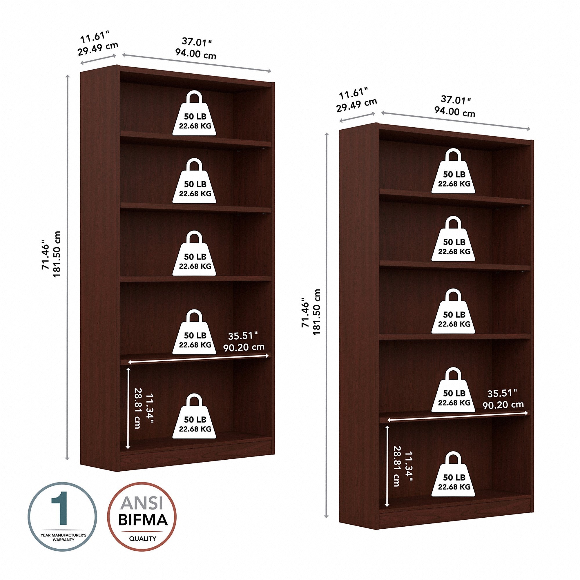 Bush Furniture Universal Tall 5 Shelf Bookcase - Set of 2