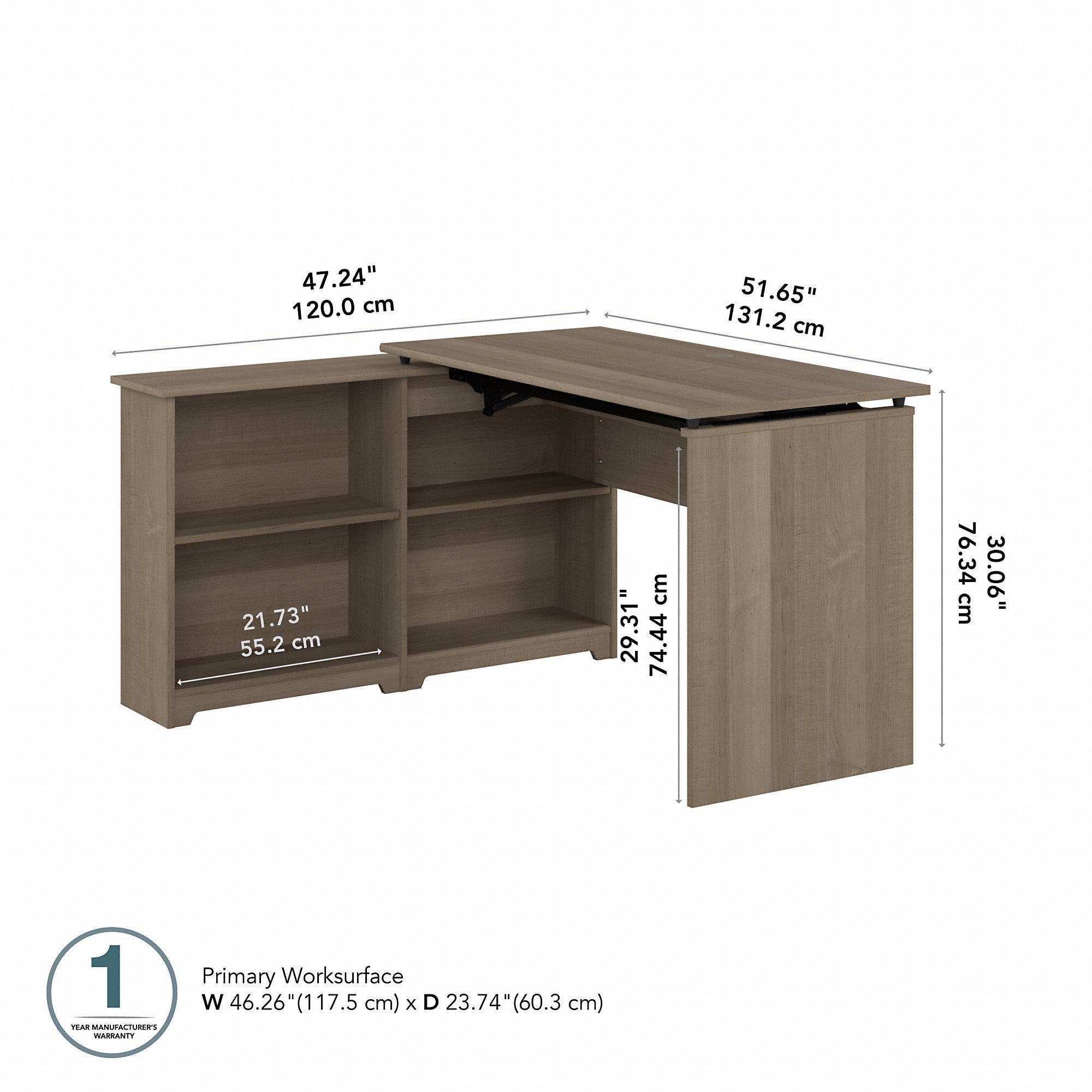 Bush Furniture Cabot 52W 3 Position Sit to Stand Corner Desk with Shelves