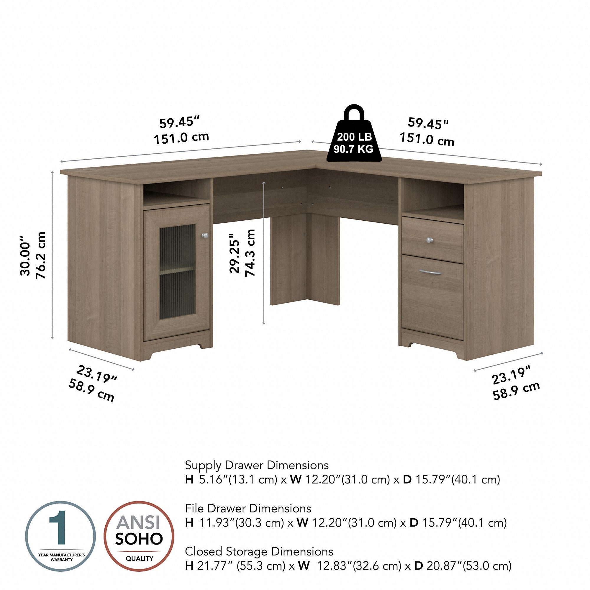 Bush Furniture Cabot 60W L Shaped Computer Desk with Storage