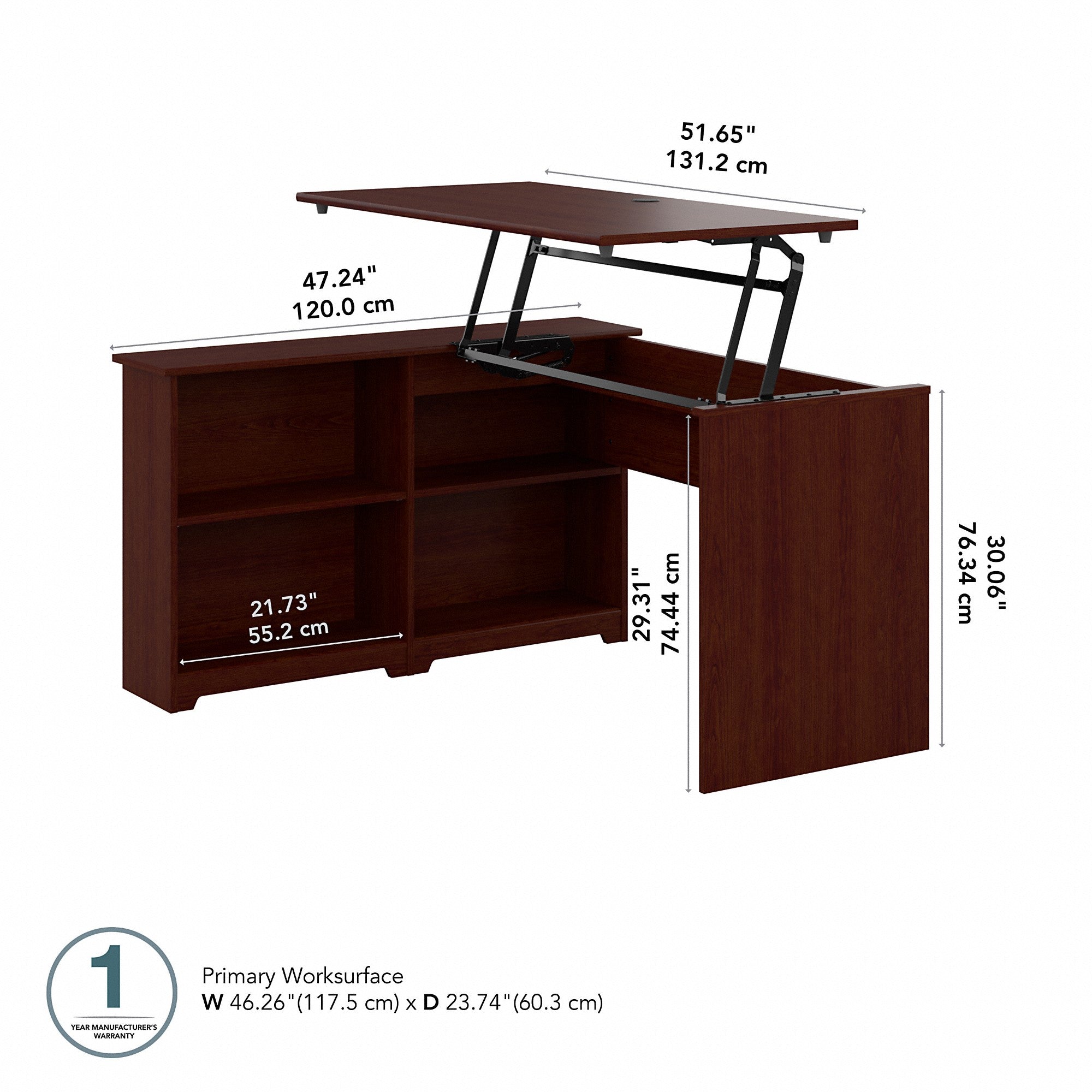 Bush Furniture Cabot 52W 3 Position Sit to Stand Corner Desk with Shelves