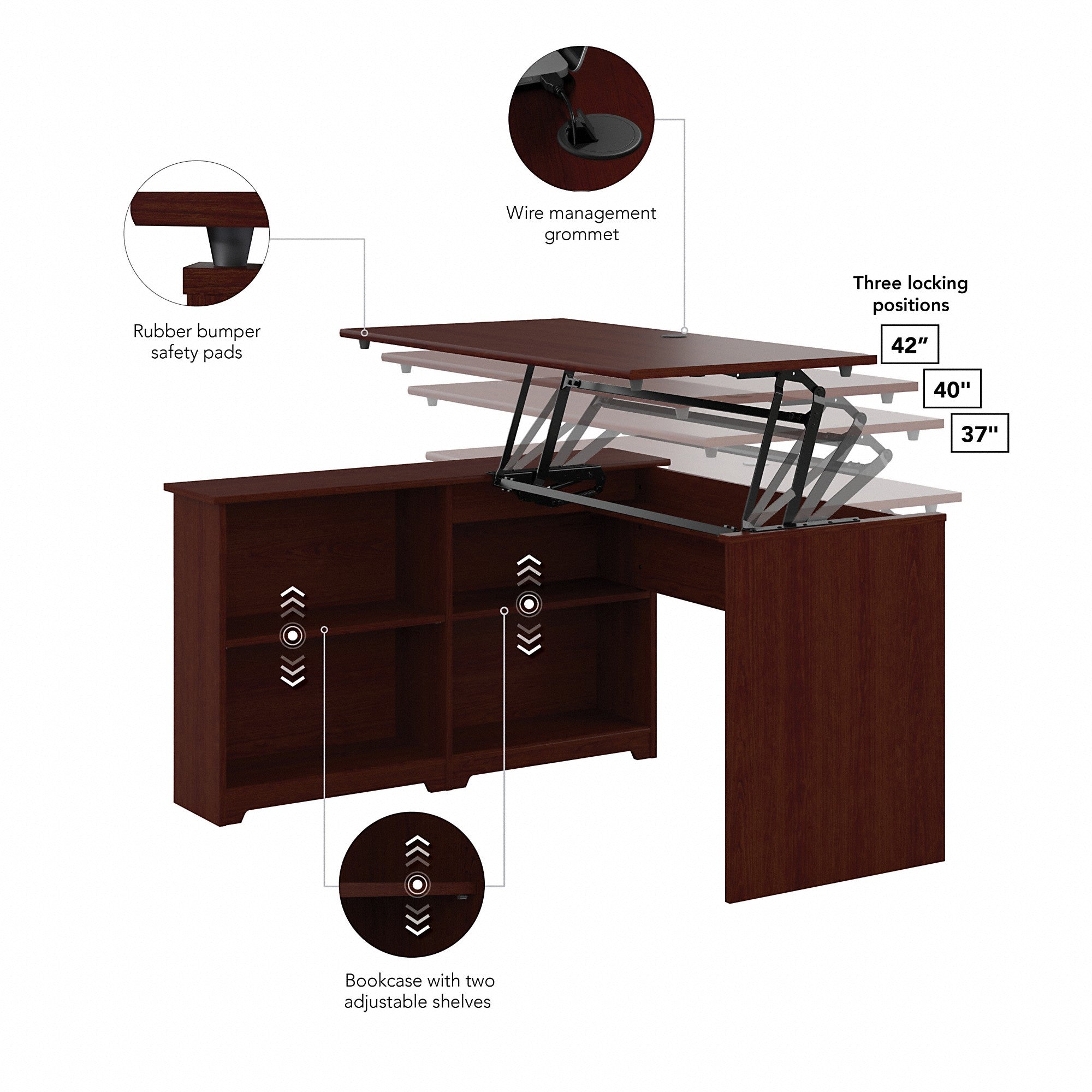 Bush Furniture Cabot 52W 3 Position Sit to Stand Corner Desk with Shelves