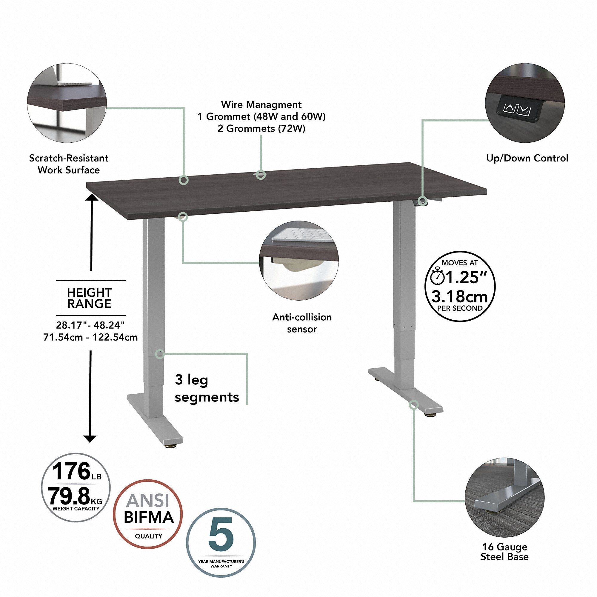 Bush Furniture Cabot 48W x 24D Electric Height Adjustable Standing Desk