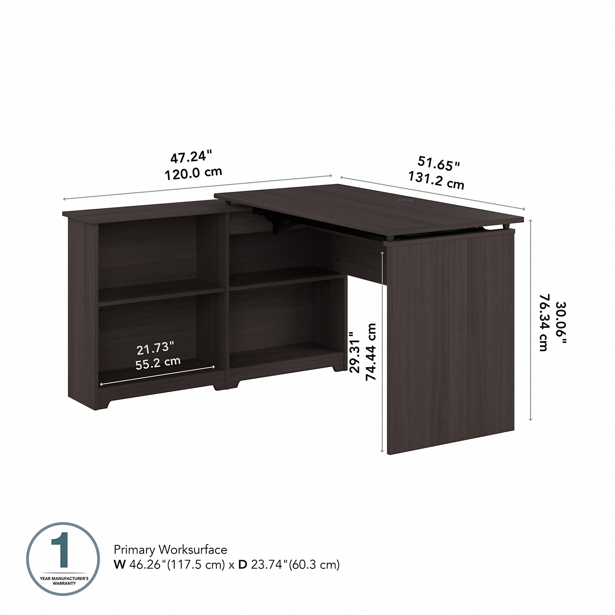 Bush Furniture Cabot 52W 3 Position Sit to Stand Corner Desk with Shelves