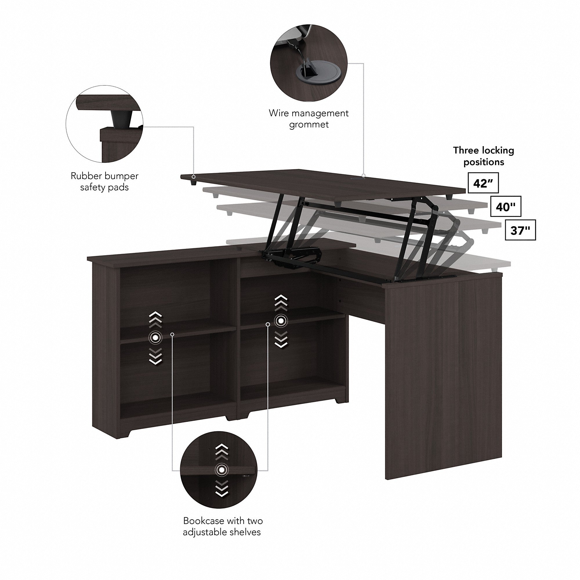 Bush Furniture Cabot 52W 3 Position Sit to Stand Corner Desk with Shelves