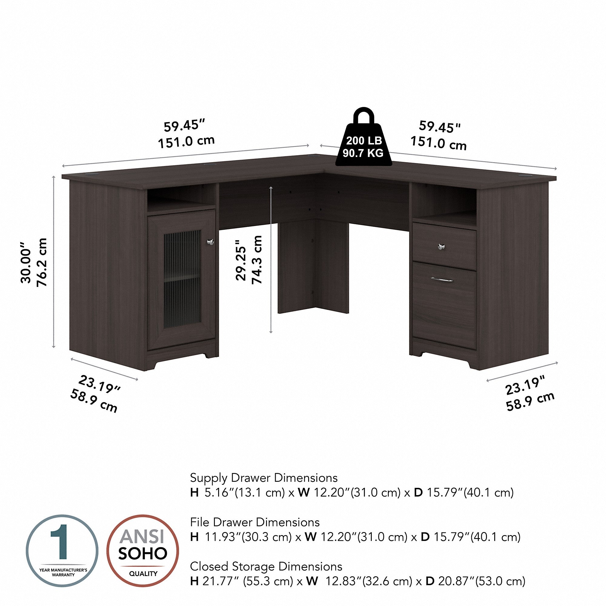 Bush Furniture Cabot 60W L Shaped Computer Desk with Storage