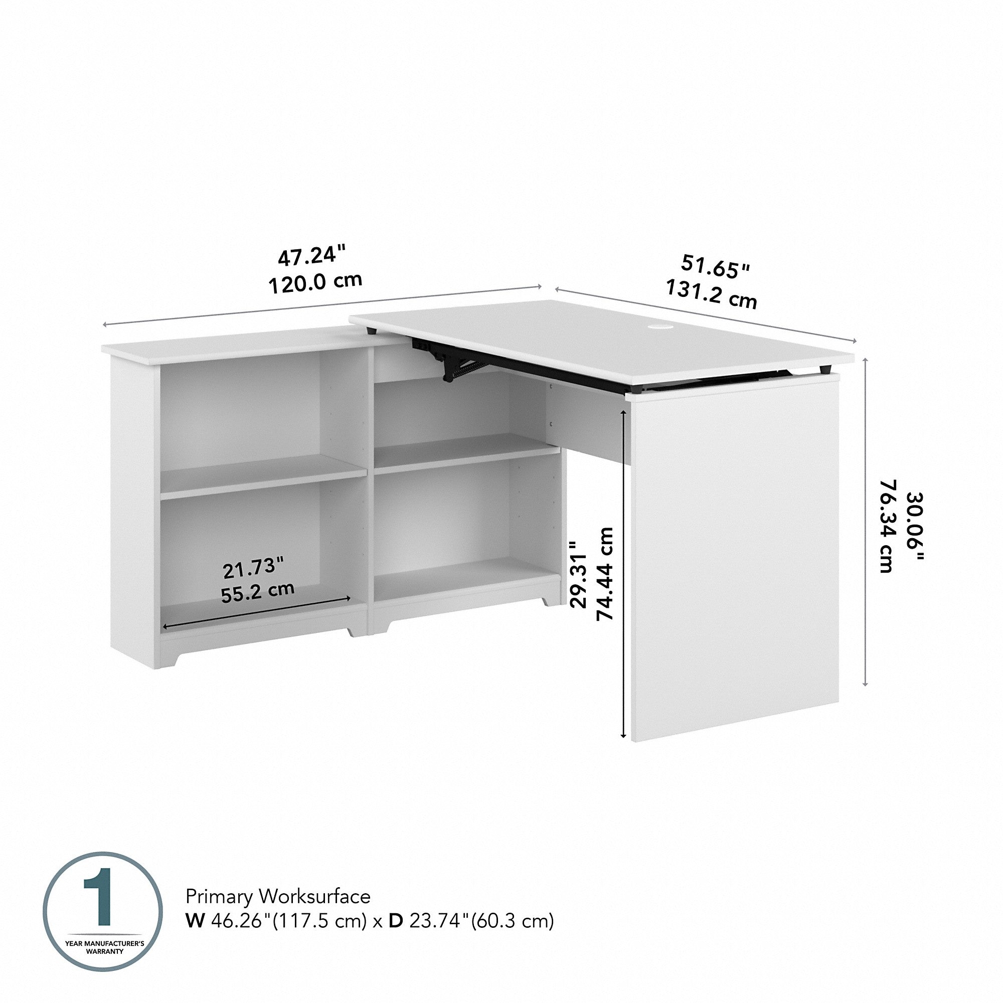 Bush Furniture Cabot 52W 3 Position Sit to Stand Corner Desk with Shelves